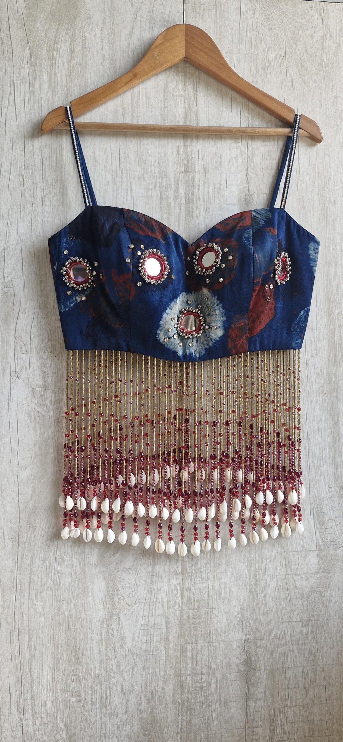 Shibori Print Mirror Work Modal Silk Spaghetti Blouse, Handmade Beads Tassels, Dandiya DVBL_528