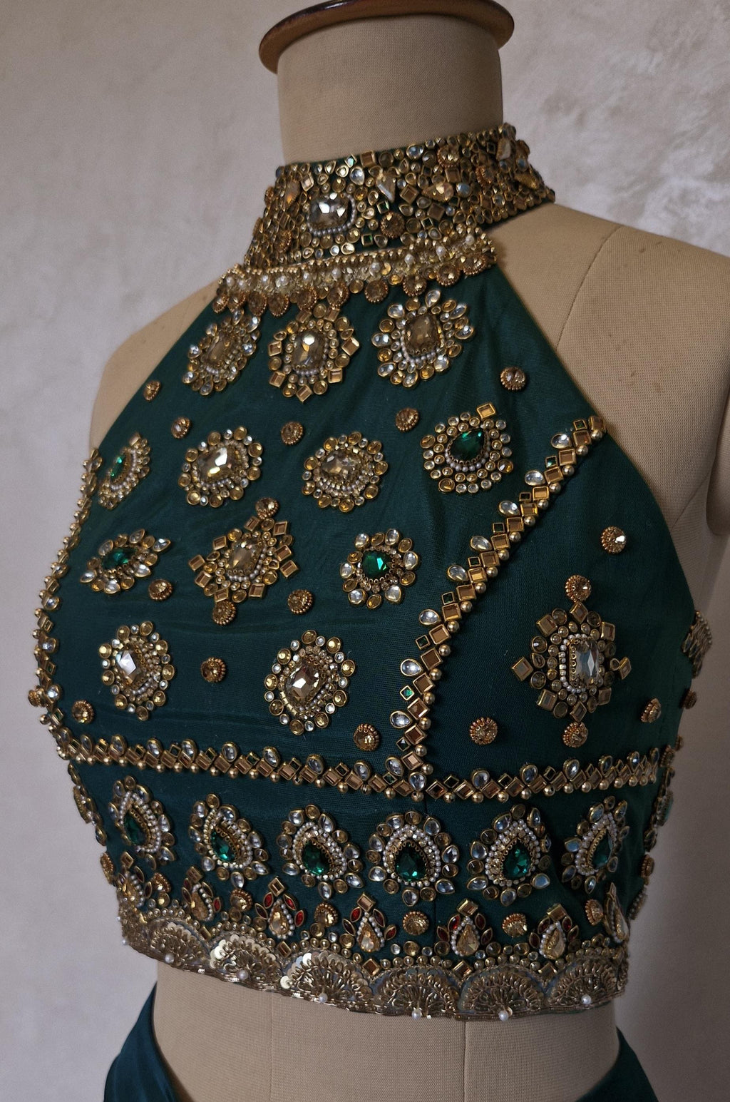 Green Hand Embroidered Bejeweled Blouse, Kundan Embellished, Halter Neck DVBL_531