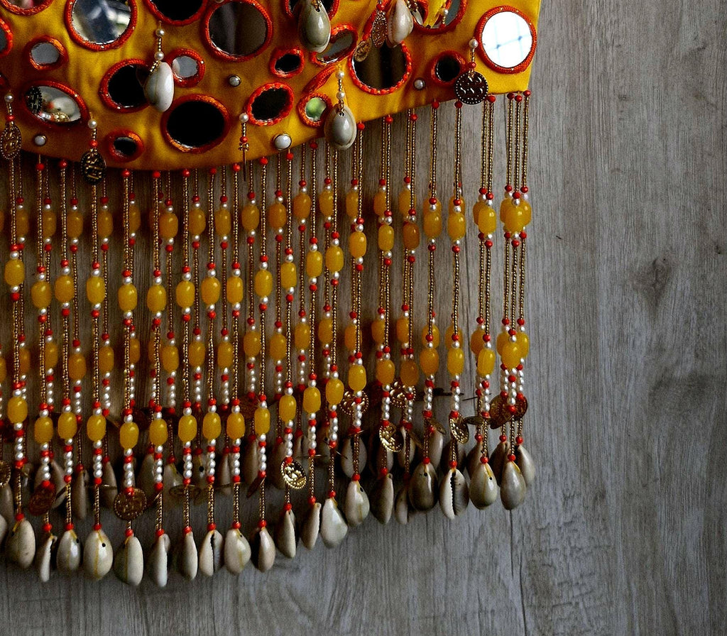 Amber Yellow Mirror Work Blouse, Handmade Beads Tassels, Spaghetti Dandiya Choli DVBL_529