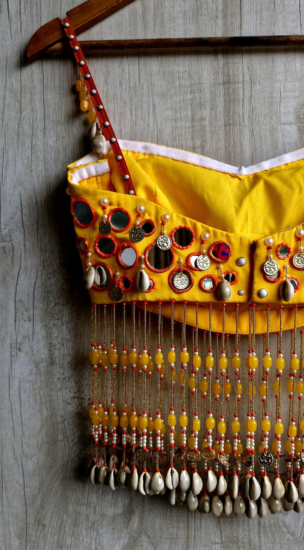 Amber Yellow Mirror Work Blouse, Handmade Beads Tassels, Spaghetti Dandiya Choli DVBL_529