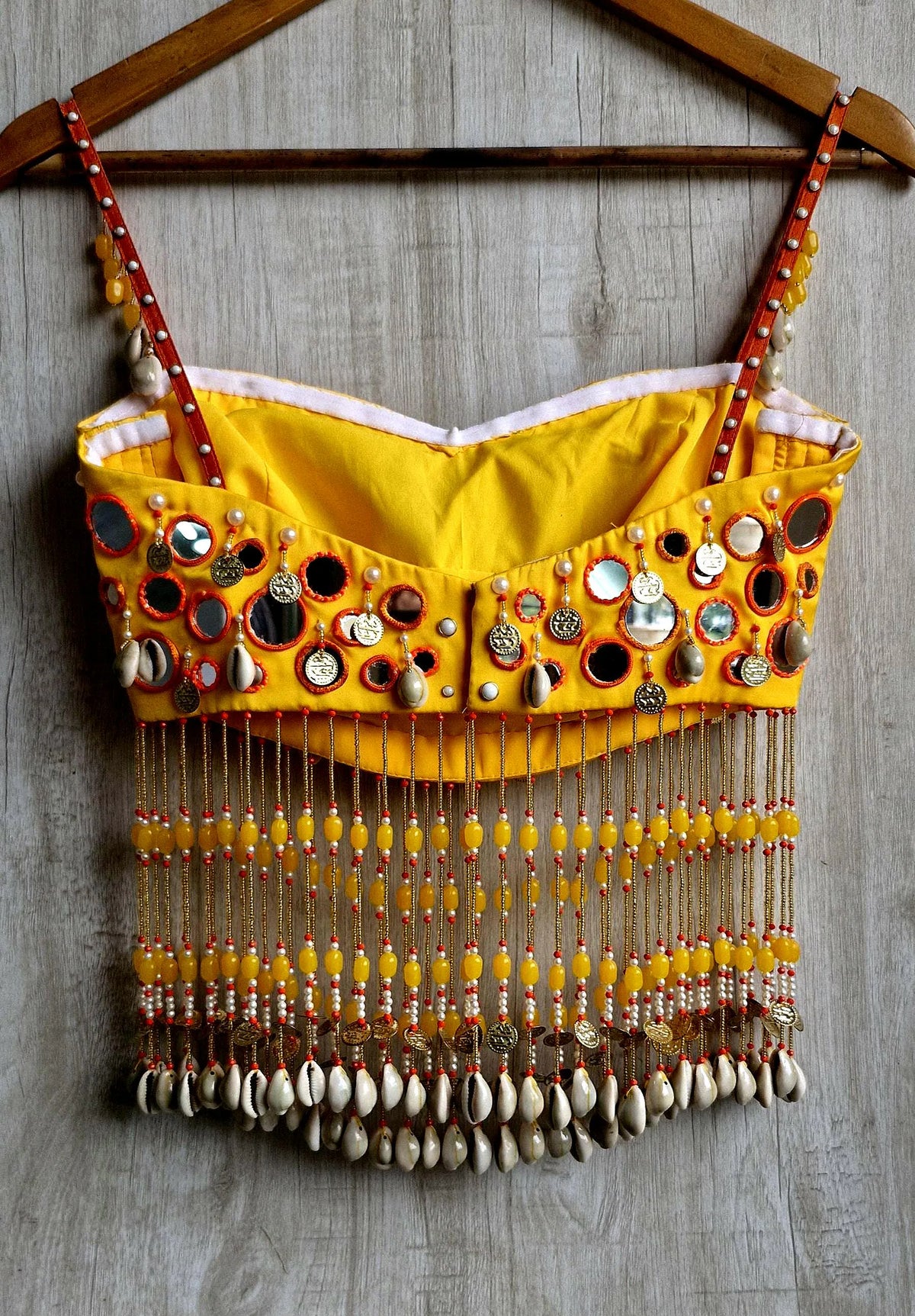 Amber Yellow Mirror Work Blouse, Handmade Beads Tassels, Spaghetti Dandiya Choli DVBL_529