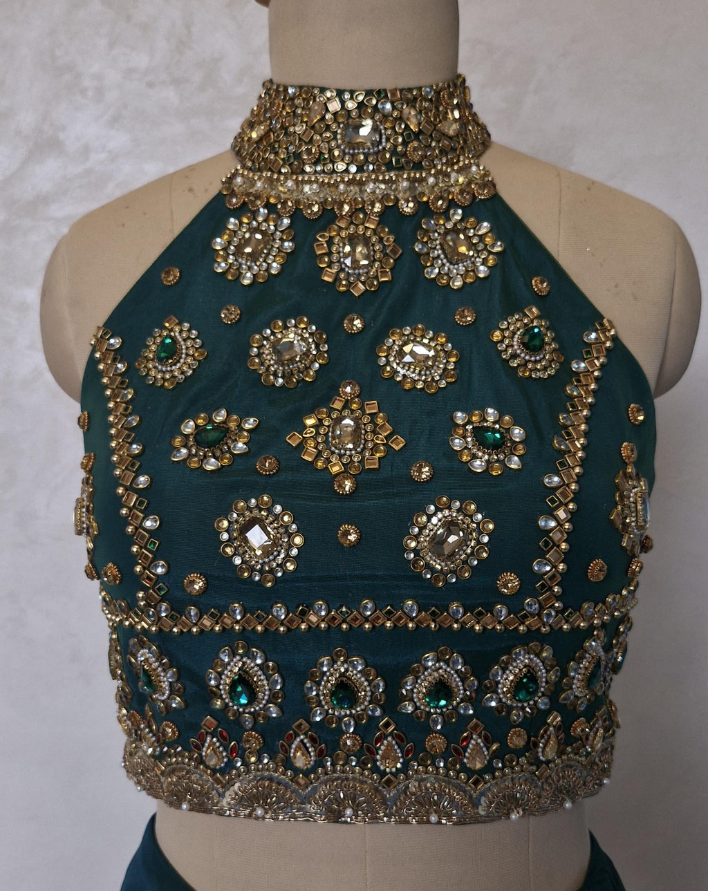Green Hand Embroidered Bejeweled Blouse, Kundan Embellished, Halter Neck DVBL_531