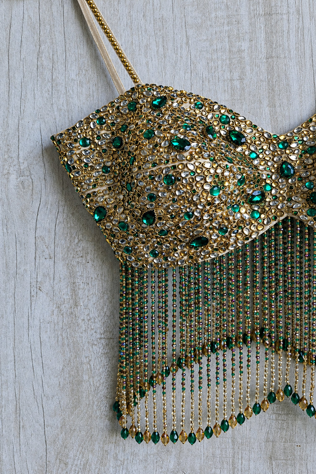 Hand Embroidered Champagne Gold Spaghetti Blouse, Beads & Kundan Embellishment, Bejeweled Bralette DVBL_534