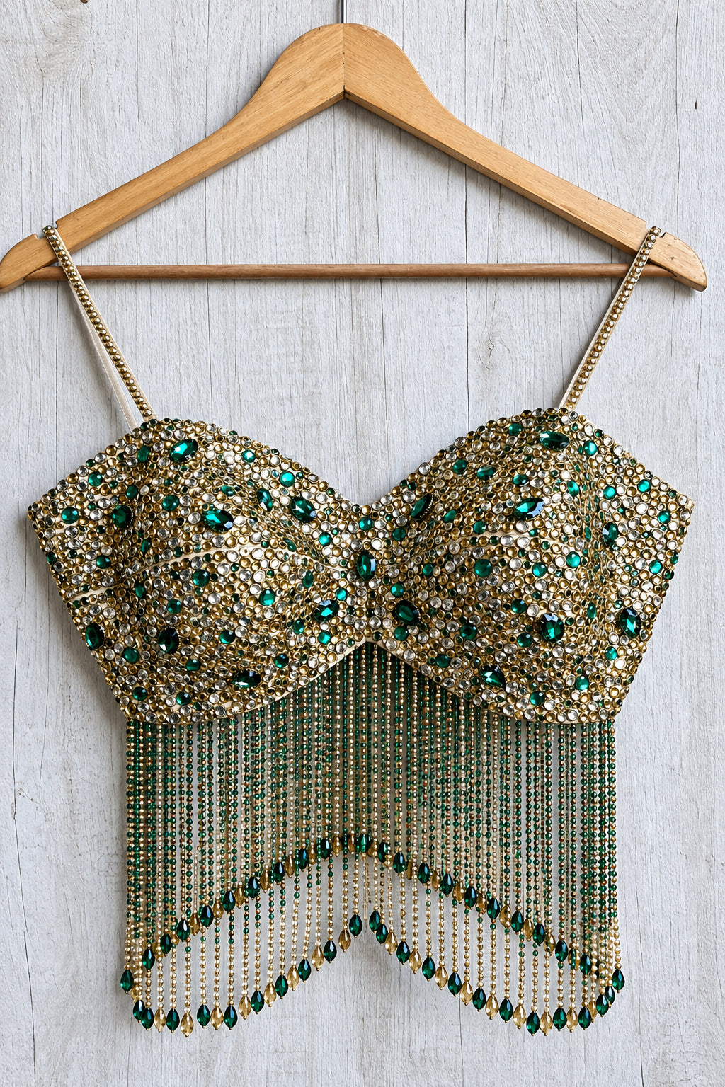 Hand Embroidered Champagne Gold Spaghetti Blouse, Beads & Kundan Embellishment, Bejeweled Bralette DVBL_534