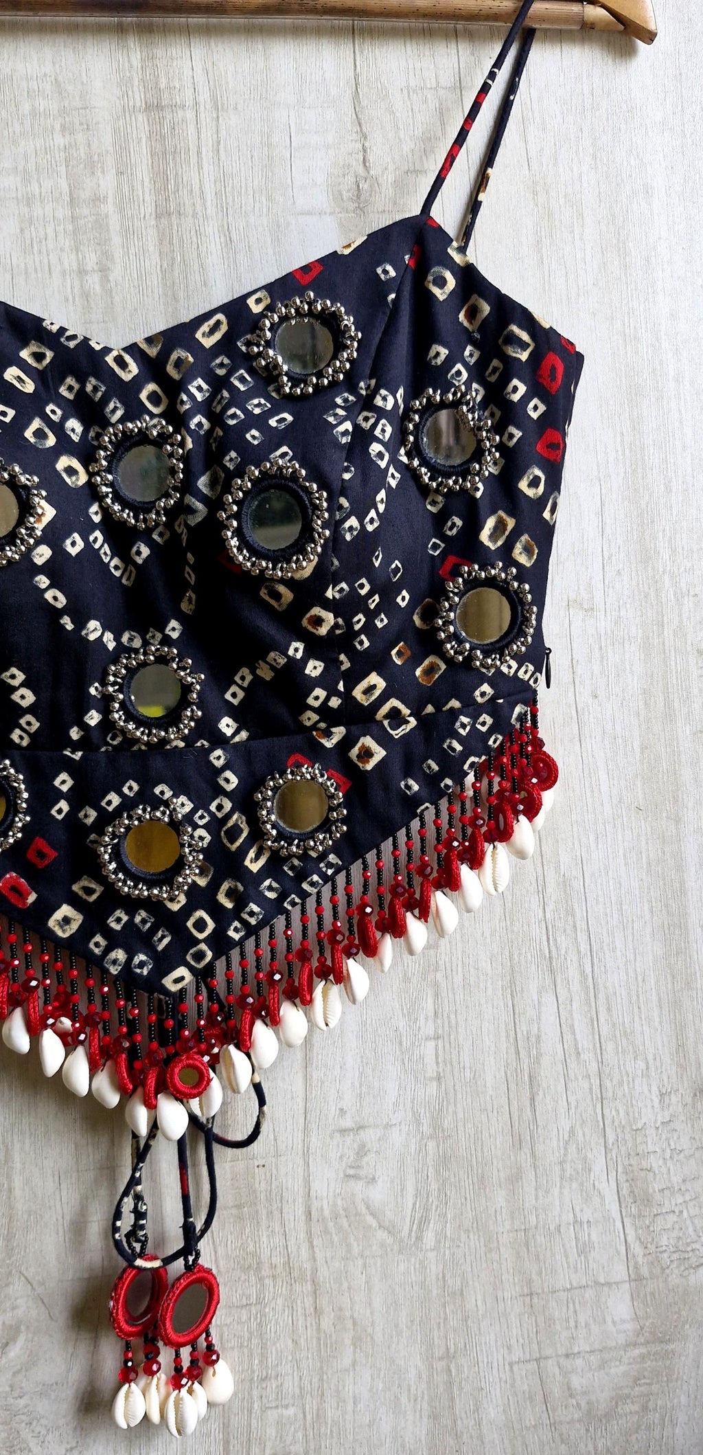 Black Cotton Satin Spaghetti Blouse, Shells & Mirror Embellished Dandiya Blouse DVBL_536