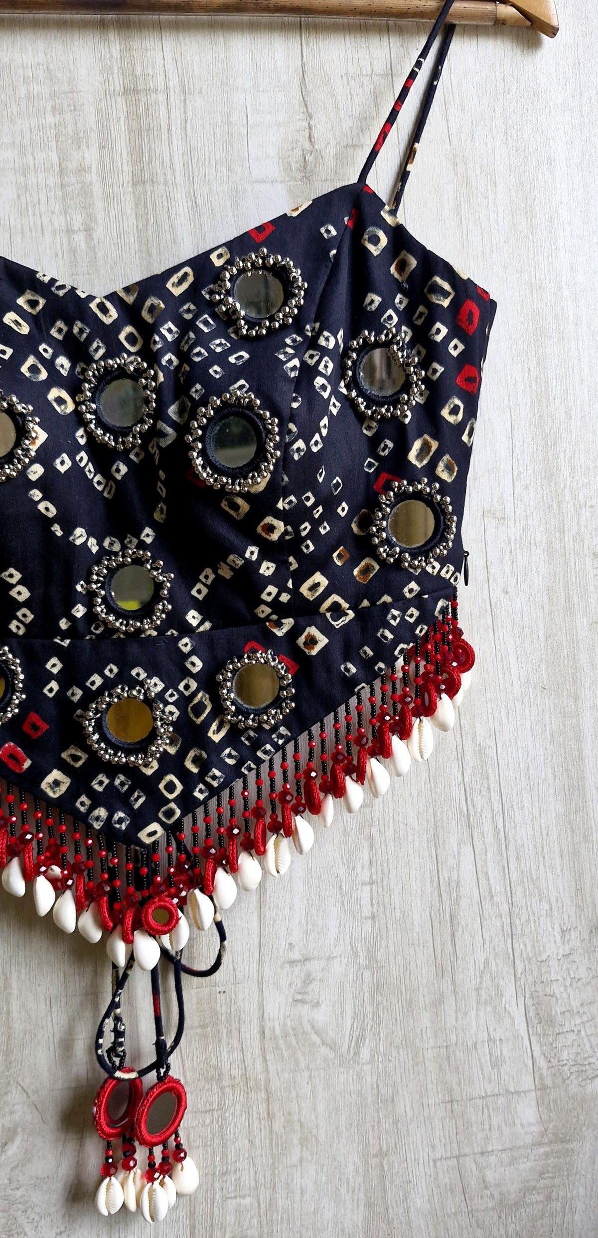 Black Cotton Satin Spaghetti Blouse, Shells & Mirror Embellished Dandiya Blouse DVBL_536