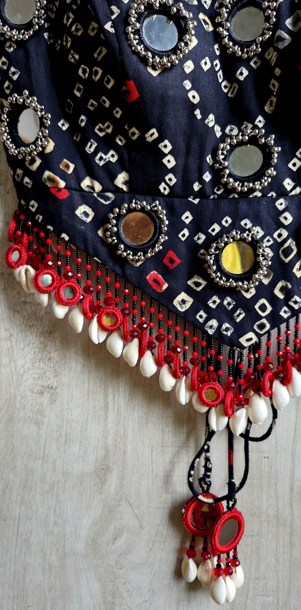 Black Cotton Satin Spaghetti Blouse, Shells & Mirror Embellished Dandiya Blouse DVBL_536