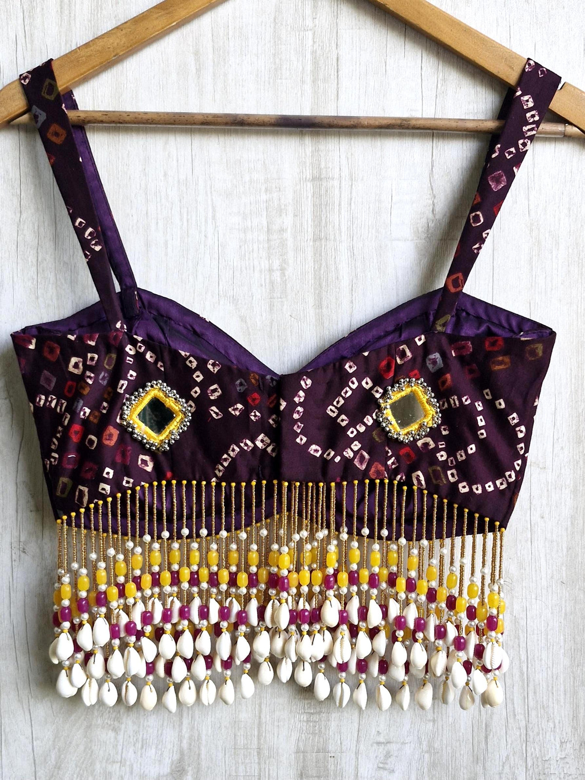Wine Cotton Satin Spaghetti Blouse, Shells & Mirror Embellished Bandhani Dandiya Blouse DVBL_537