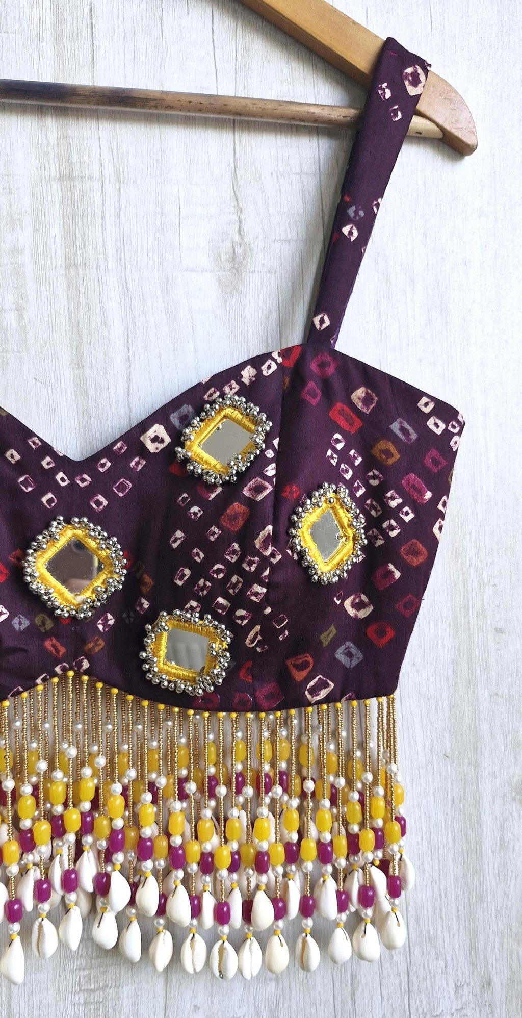 Wine Cotton Satin Spaghetti Blouse, Shells & Mirror Embellished Bandhani Dandiya Blouse DVBL_537