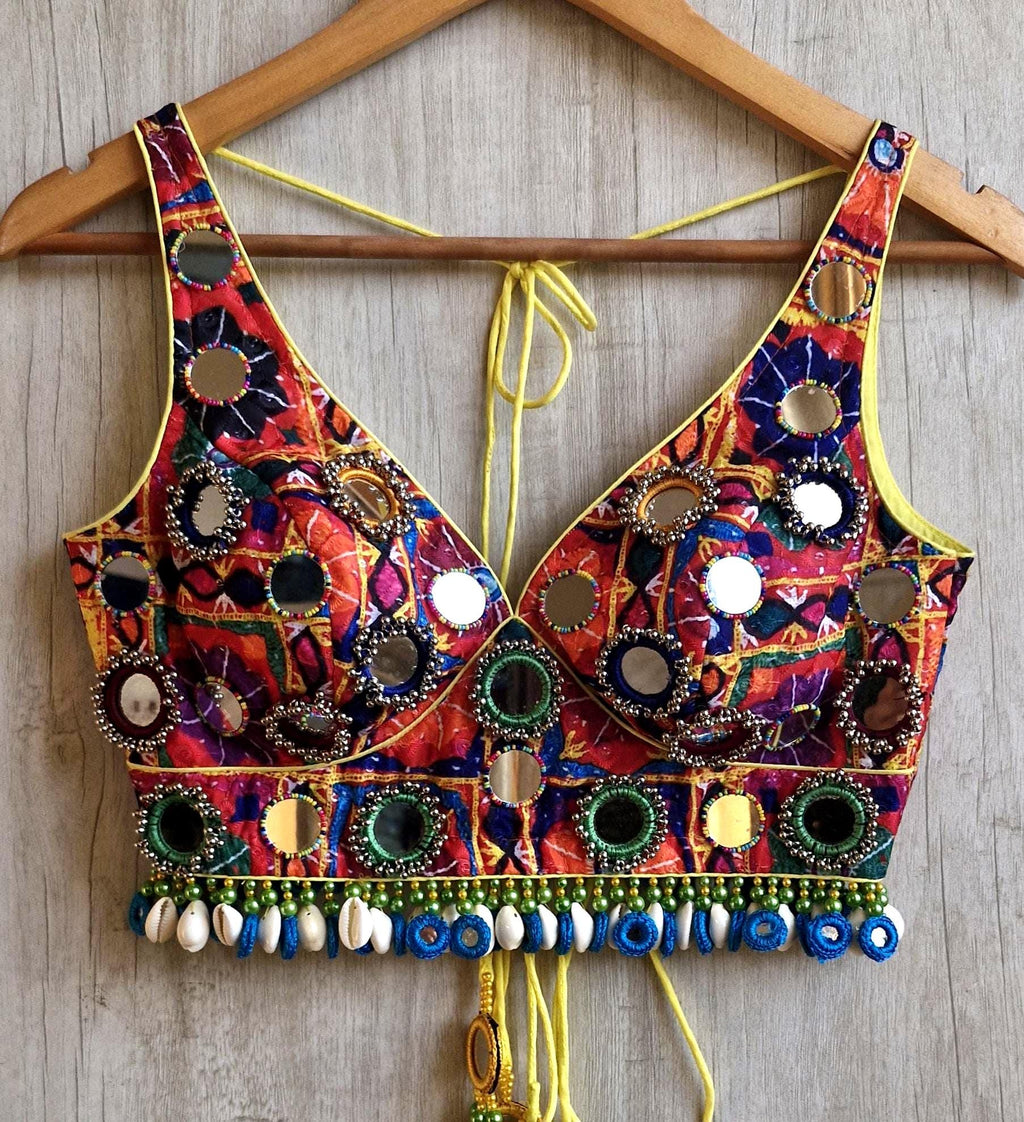 Multicolor Dandiya Blouse, Shells & Mirror Embellished Cotton Silk Deep V Neck Choli DVBL_538