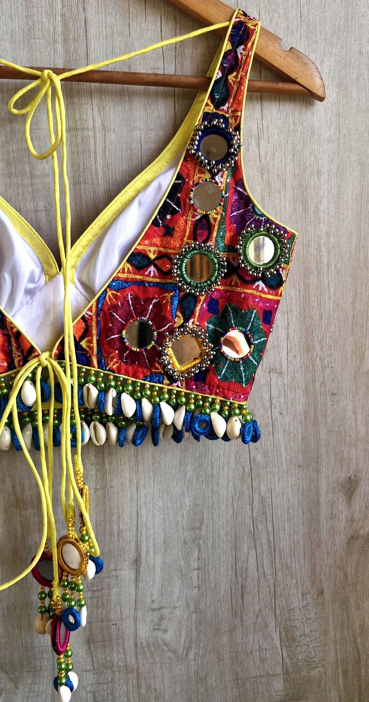 Multicolor Dandiya Blouse, Shells & Mirror Embellished Cotton Silk Deep V Neck Choli DVBL_538