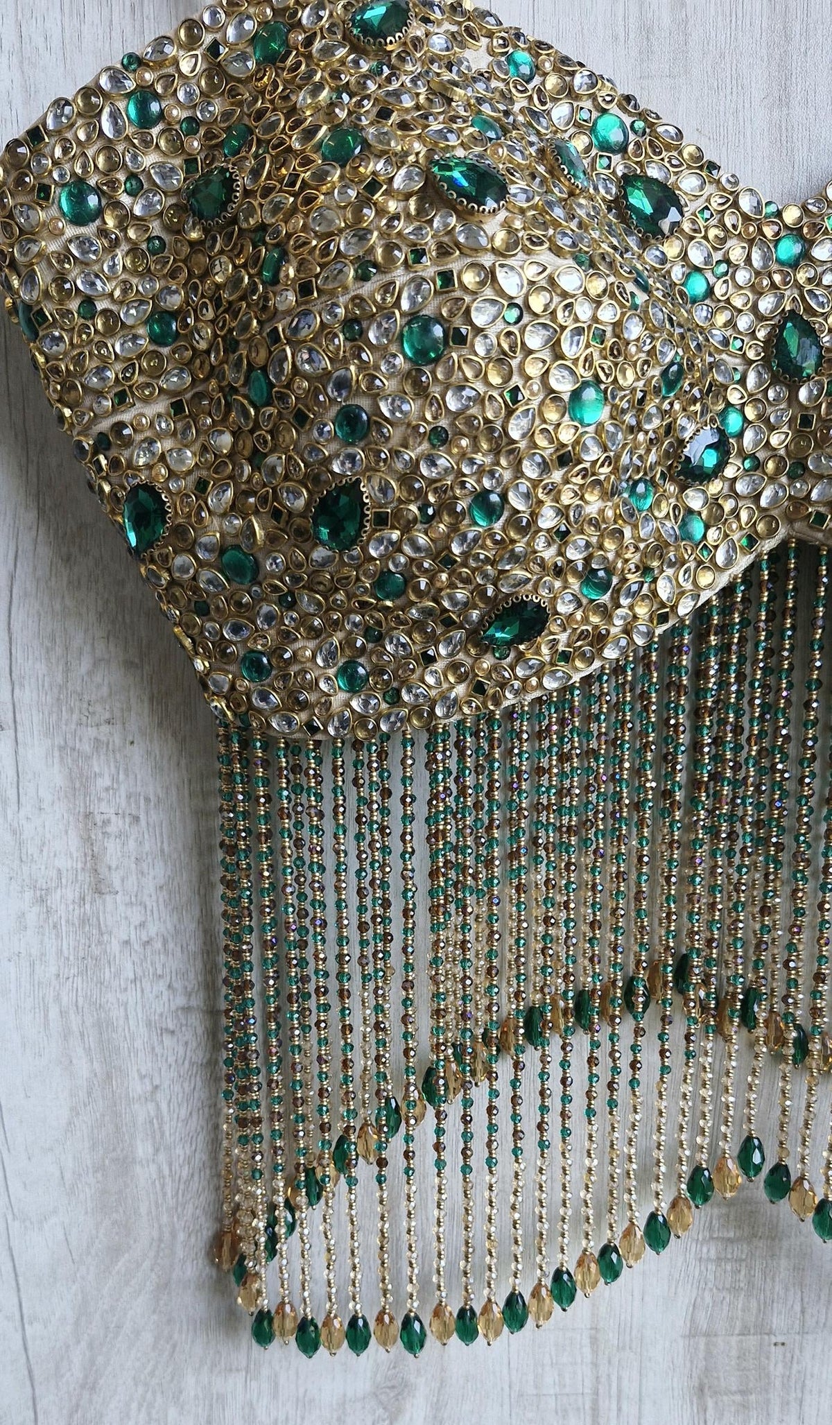 Hand Embroidered Champagne Gold Spaghetti Blouse, Beads & Kundan Embellishment, Bejeweled Bralette DVBL_534