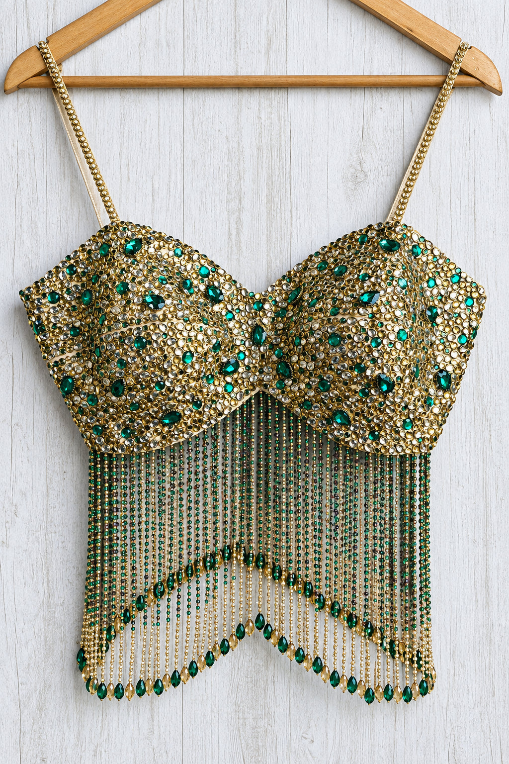 Hand Embroidered Champagne Gold Spaghetti Blouse, Beads & Kundan Embellishment, Bejeweled Bralette DVBL_534