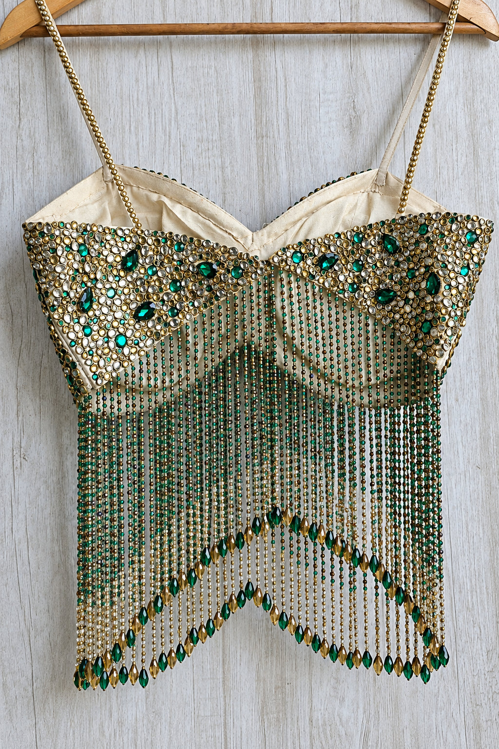 Hand Embroidered Champagne Gold Spaghetti Blouse, Beads & Kundan Embellishment, Bejeweled Bralette DVBL_534