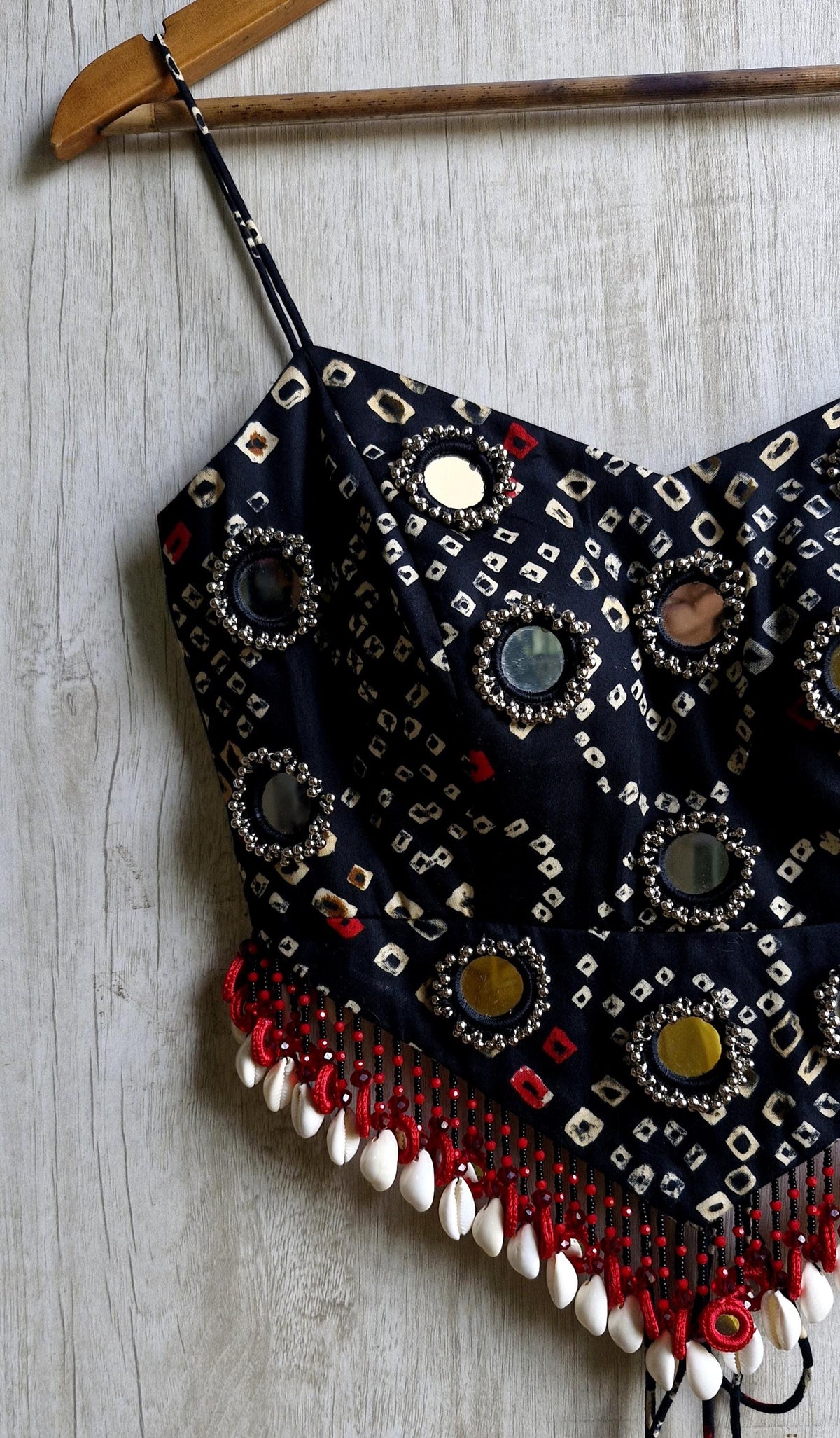 Black Cotton Satin Spaghetti Blouse, Shells & Mirror Embellished Dandiya Blouse DVBL_536