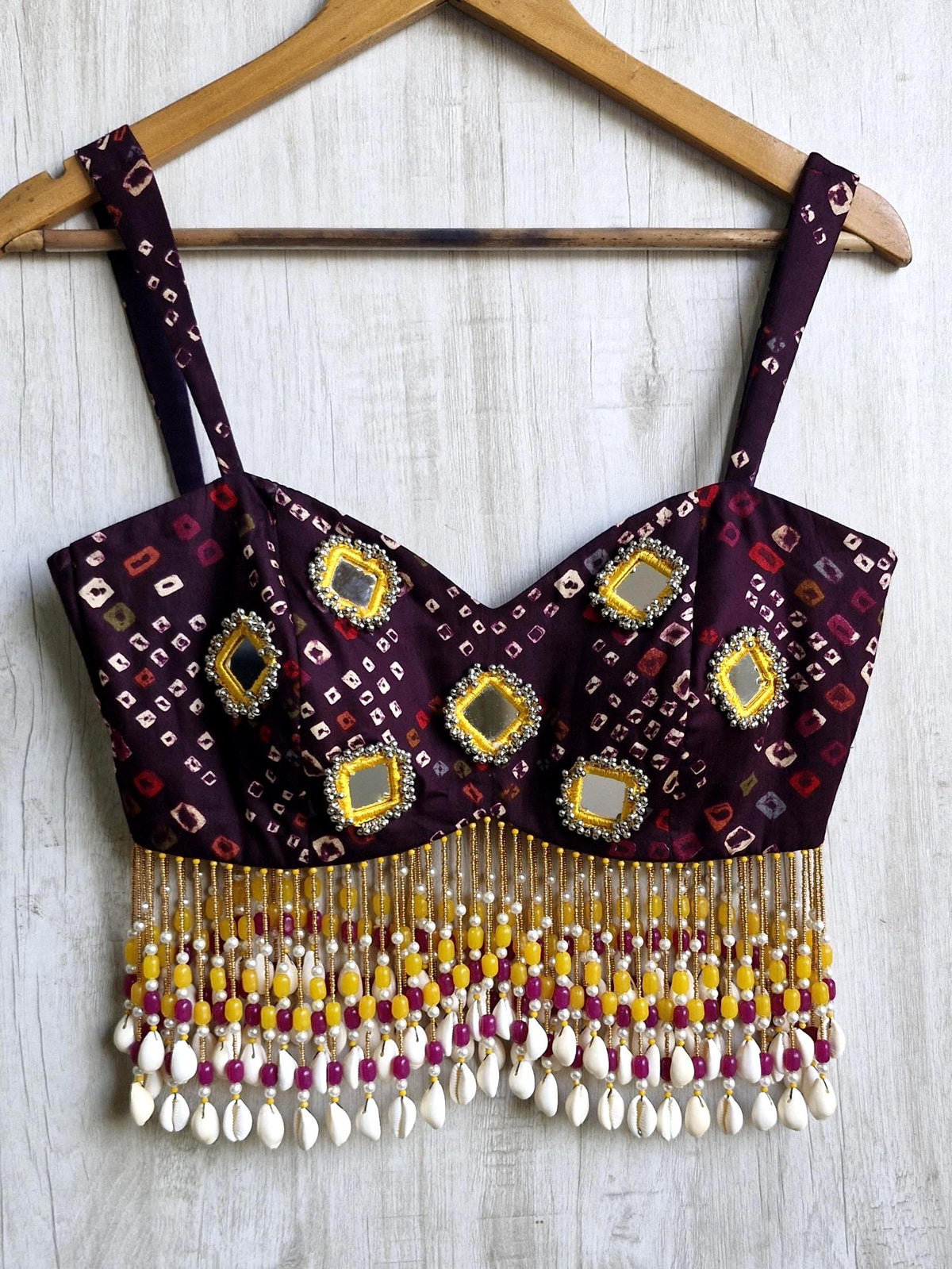 Wine Cotton Satin Spaghetti Blouse, Shells & Mirror Embellished Bandhani Dandiya Blouse DVBL_537