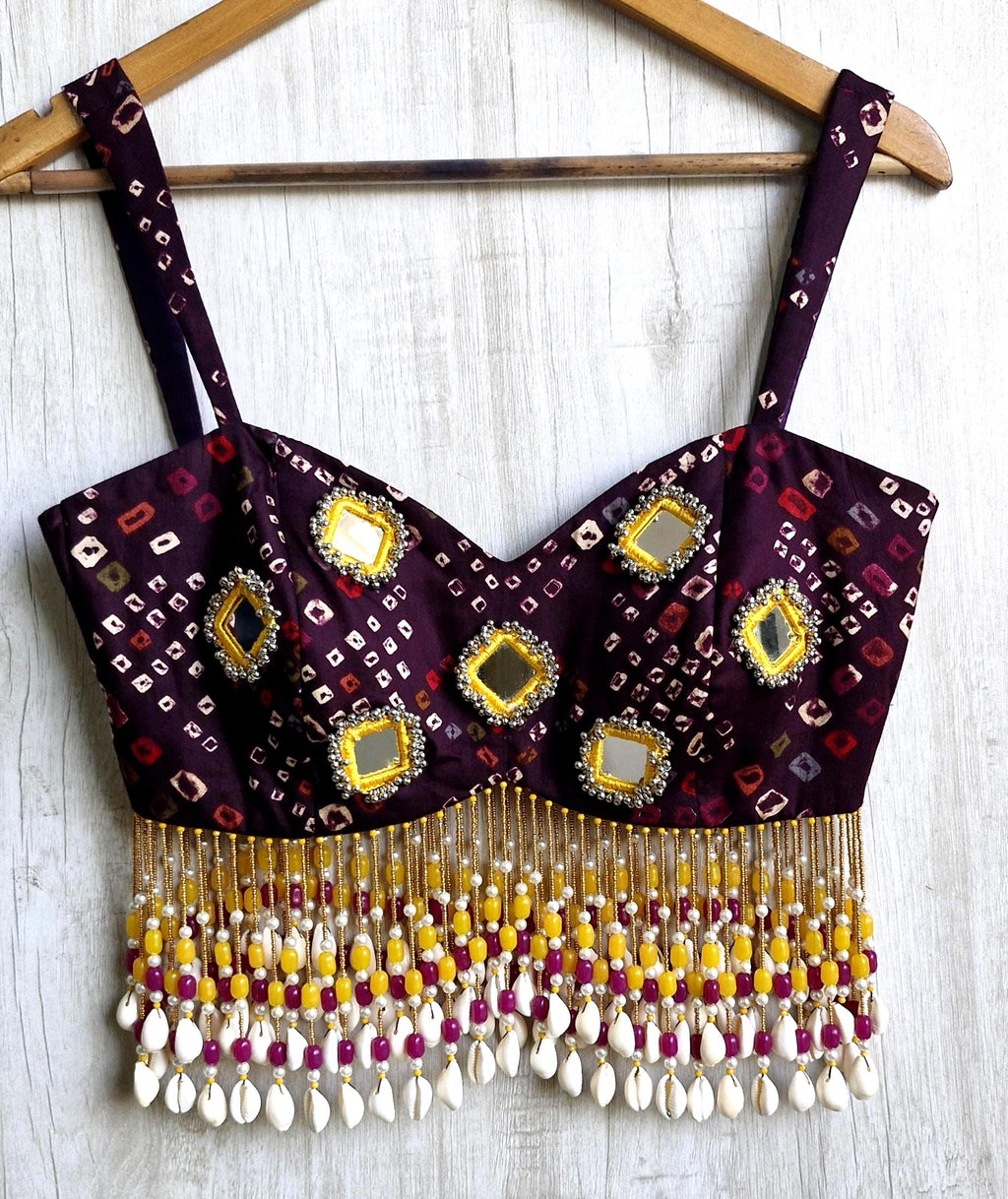Wine Cotton Satin Spaghetti Blouse, Shells & Mirror Embellished Bandhani Dandiya Blouse DVBL_537