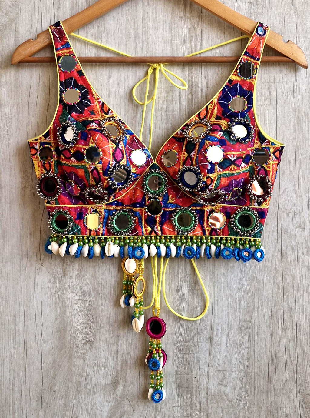 Multicolor Dandiya Blouse, Shells & Mirror Embellished Cotton Silk Deep V Neck Choli DVBL_538