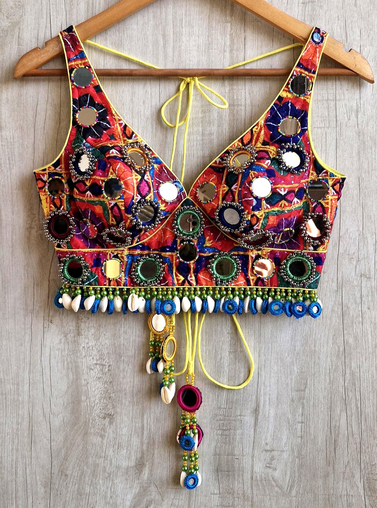Multicolor Dandiya Blouse, Shells & Mirror Embellished Cotton Silk Deep V Neck Choli DVBL_538