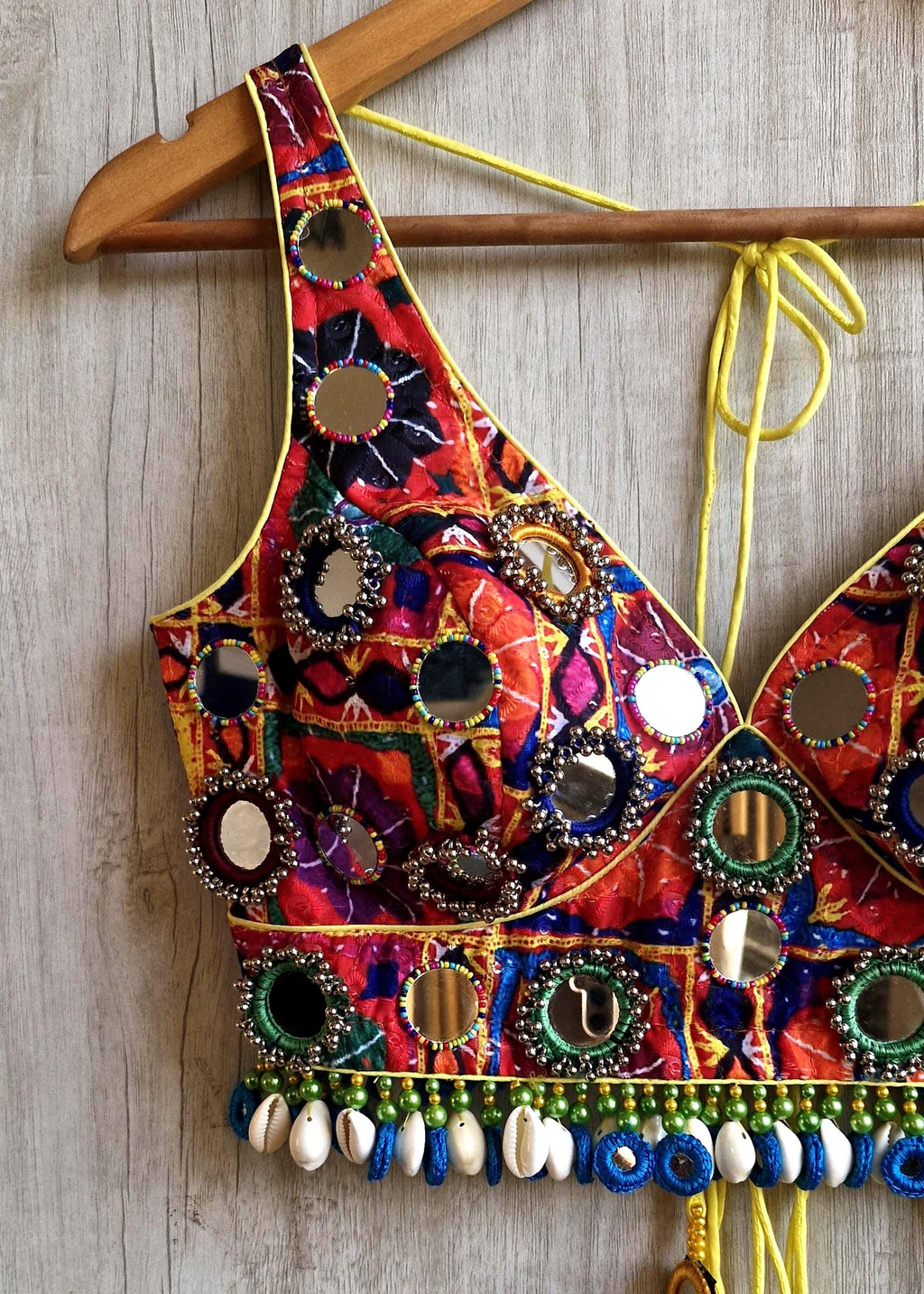Multicolor Dandiya Blouse, Shells & Mirror Embellished Cotton Silk Deep V Neck Choli DVBL_538