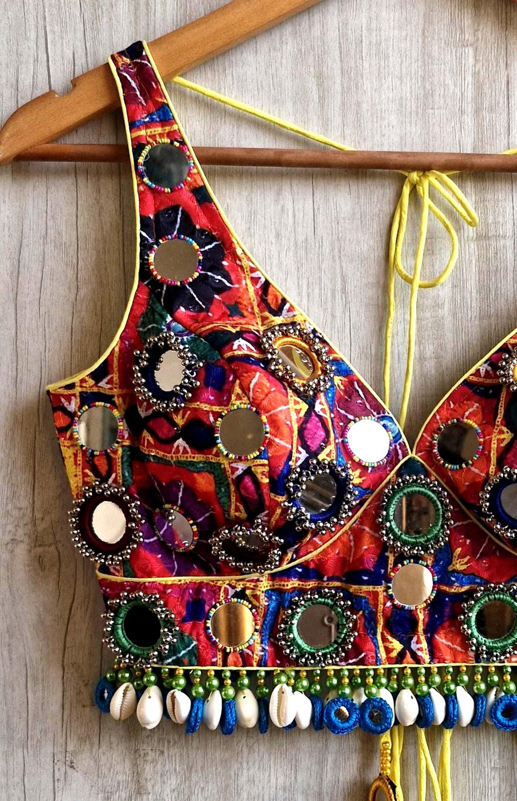 Multicolor Dandiya Blouse, Shells & Mirror Embellished Cotton Silk Deep V Neck Choli DVBL_538