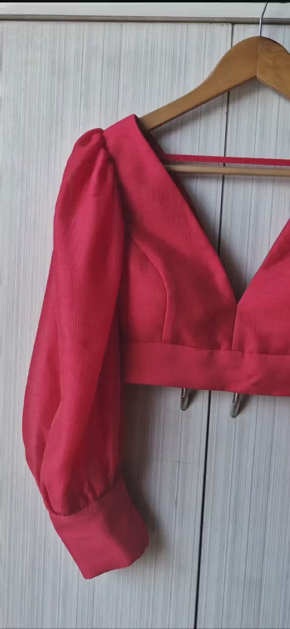 Raspberry Pink Art Silk Saree Blouse, Balloon Sleeves V Neck DVBL_499