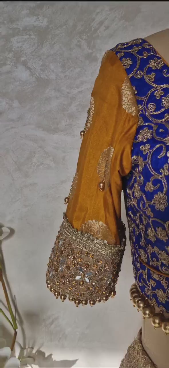 Embroidered Royal Blue and Mustard Blouse Sweetheart Neck DVBL_447