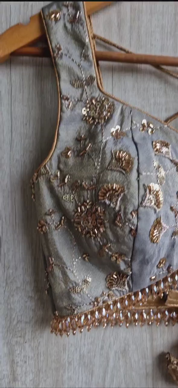 Grey Embroidered Tissue Silk Blouse Sweetheart Neck DVBL_517