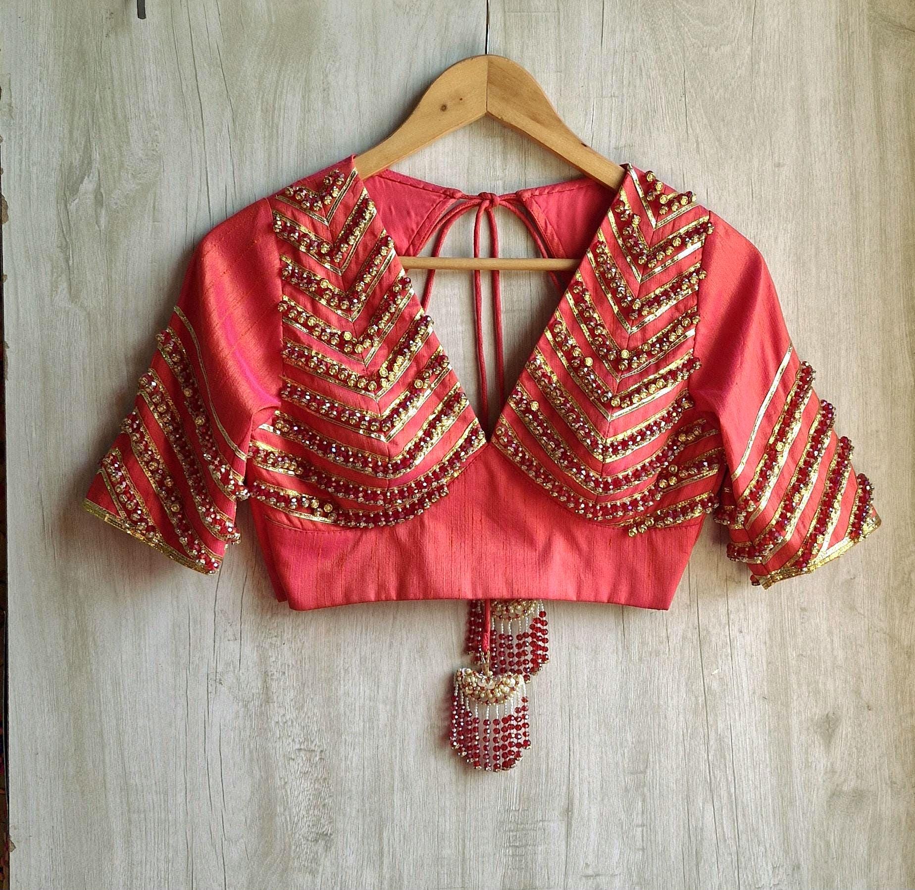 Hand Embroidered Saree Blouse, Coral Pink Silk, V Neck Elbow Sleeves DVBL_474