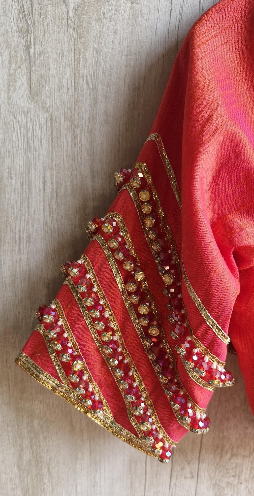 Hand Embroidered Saree Blouse, Coral Pink Silk, V Neck Elbow Sleeves DVBL_474