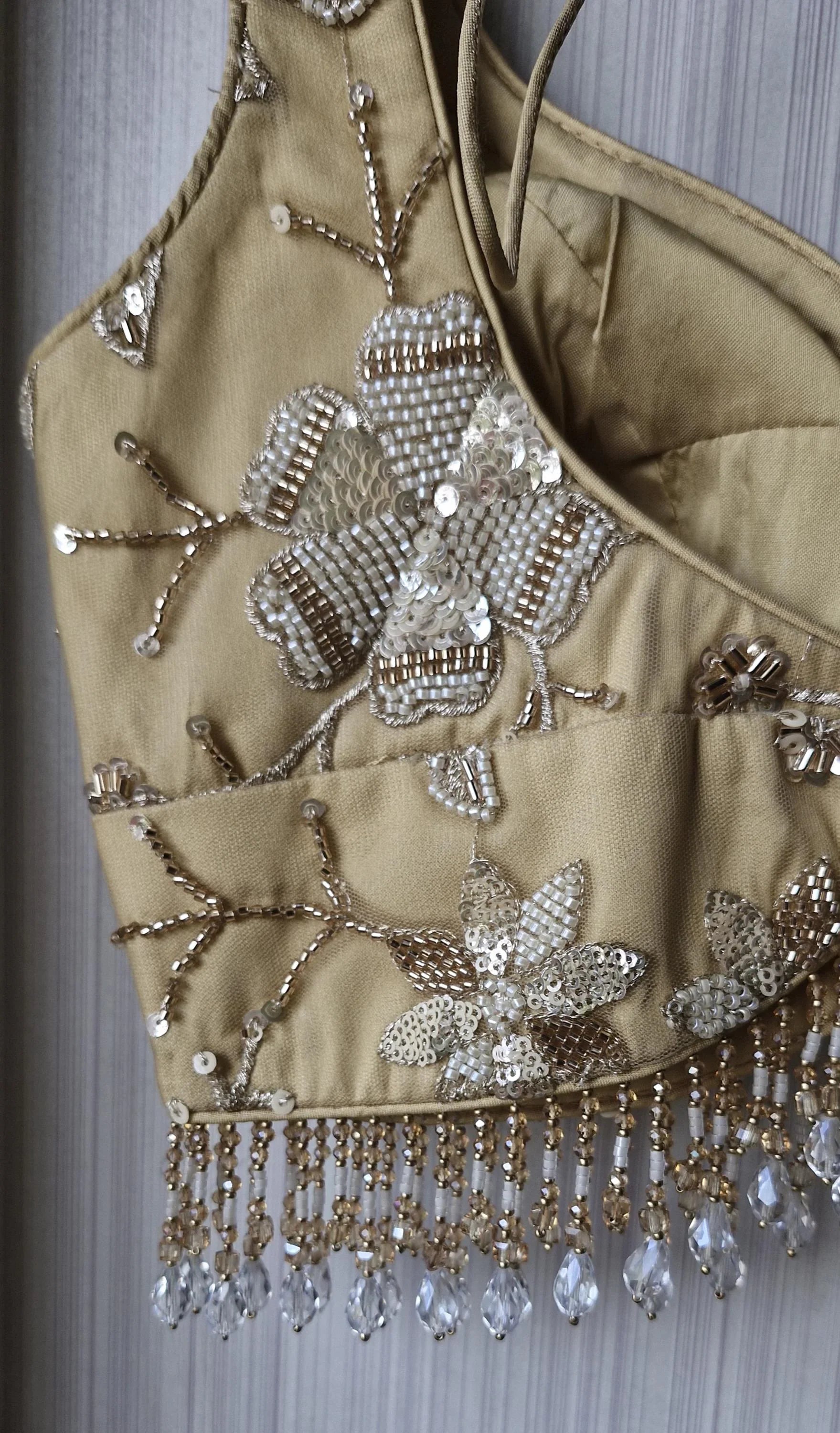 Golden Beige Saree Blouse, Embroidered Net Sweetheart Neck DVBL_476