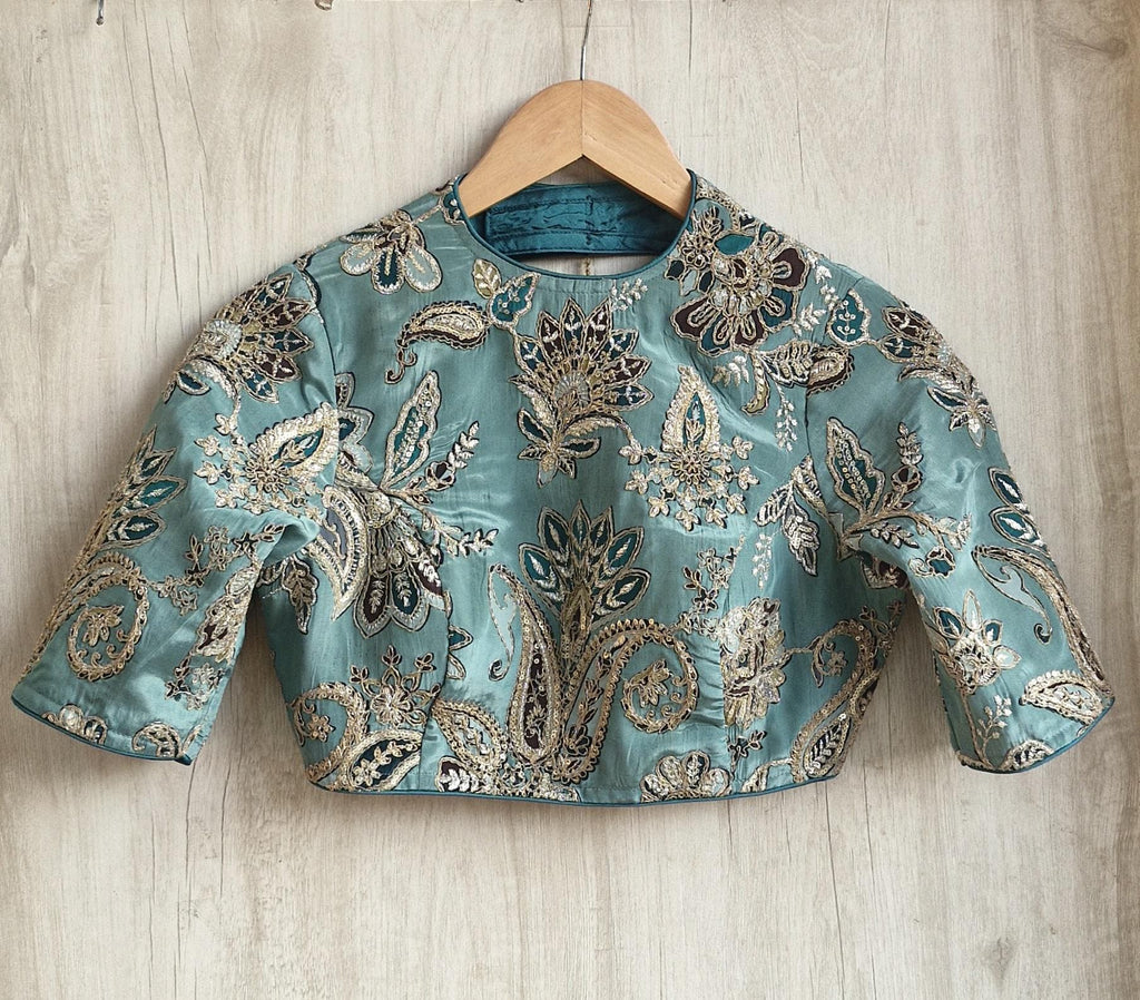 Green Embroidered Crepe Half Sleeves Blouse DVBL_473