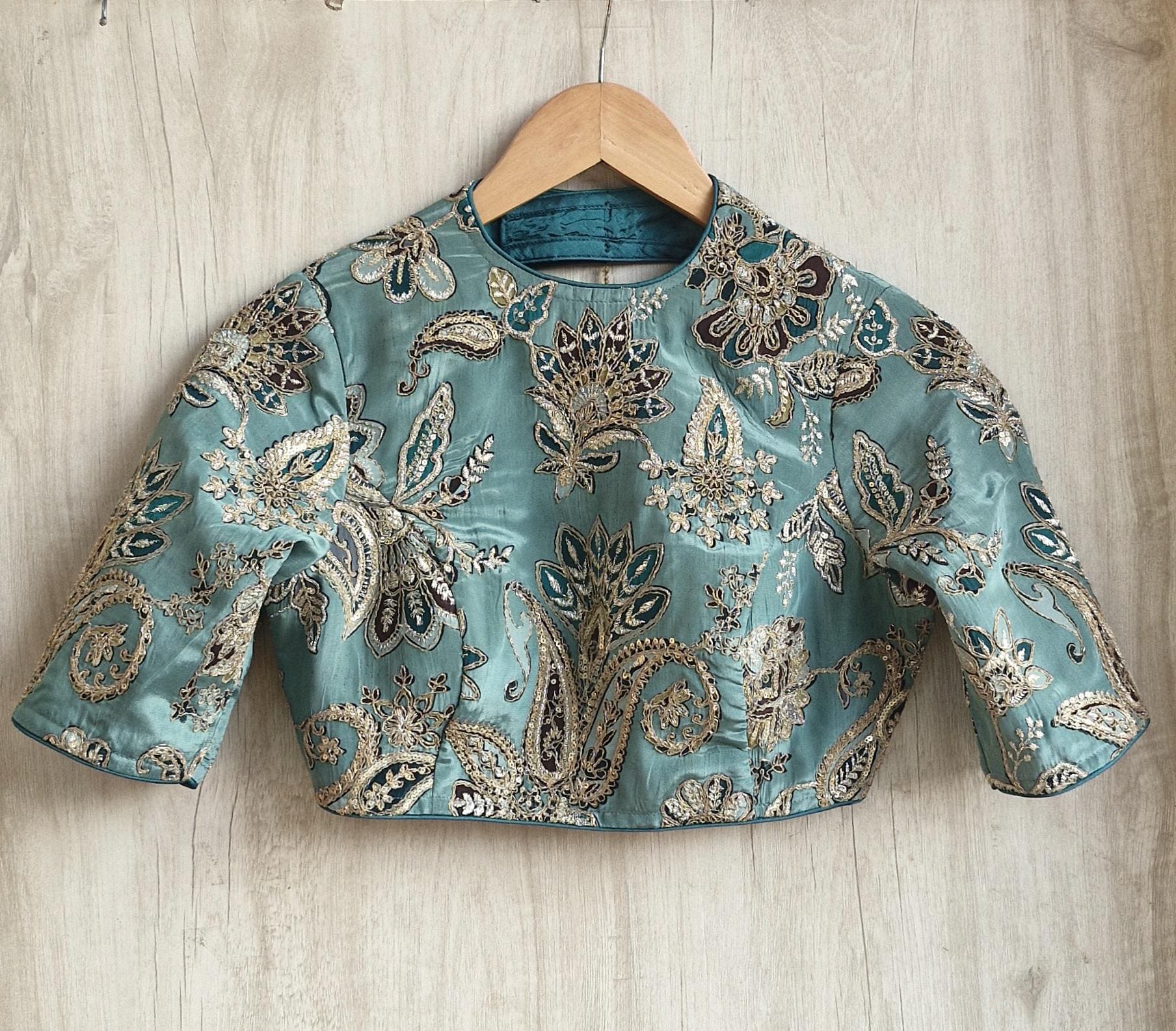 Green Embroidered Crepe Half Sleeves Blouse DVBL_473