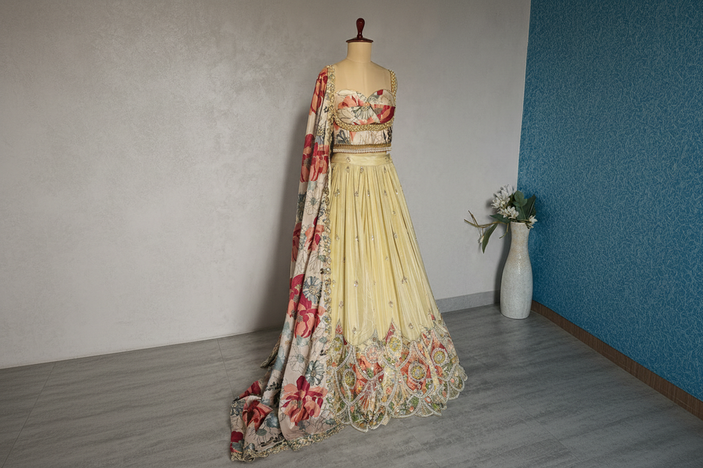 Champagne Gold Embroidered Tissue Silk Lehenga Choli DVMTD_0307