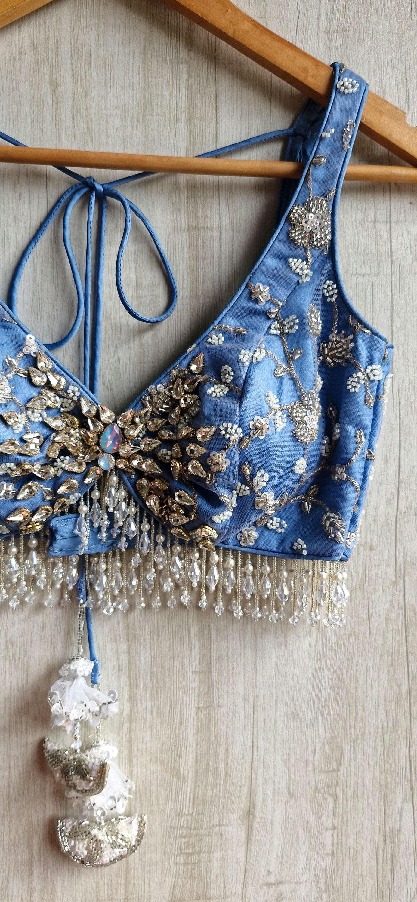 Embroidered Ice Blue Bejeweled Saree Blouse, Stones Embellished Bralette DVBL_524