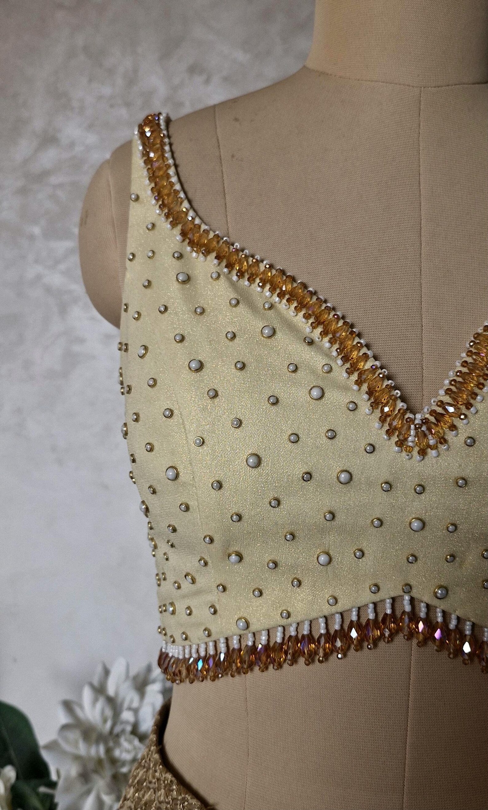 Hand Embroidered Cream Gold Wedding Sweetheart Neck DVBL_465