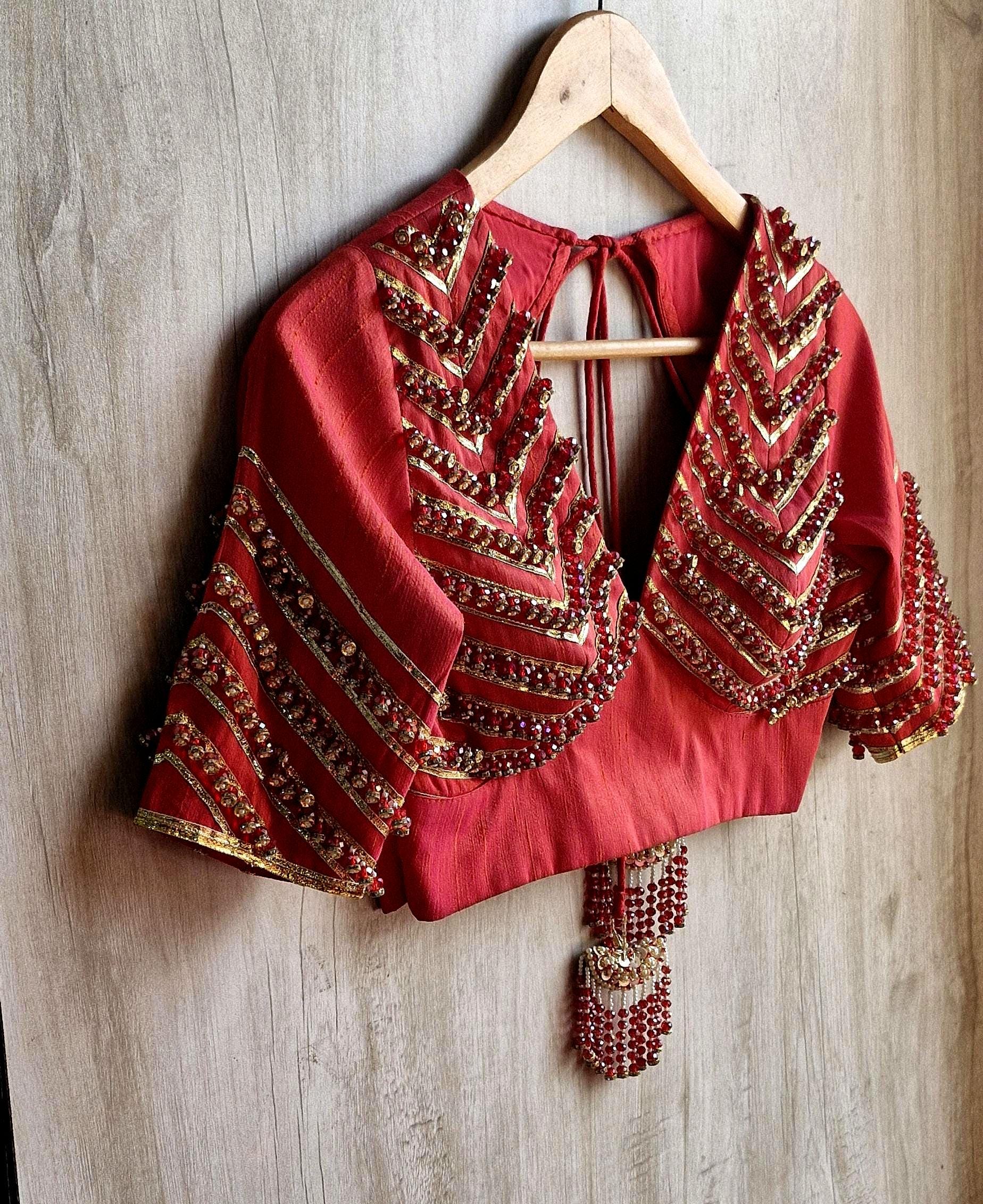 Hand Embroidered Saree Blouse, Coral Pink Silk, V Neck Elbow Sleeves DVBL_474