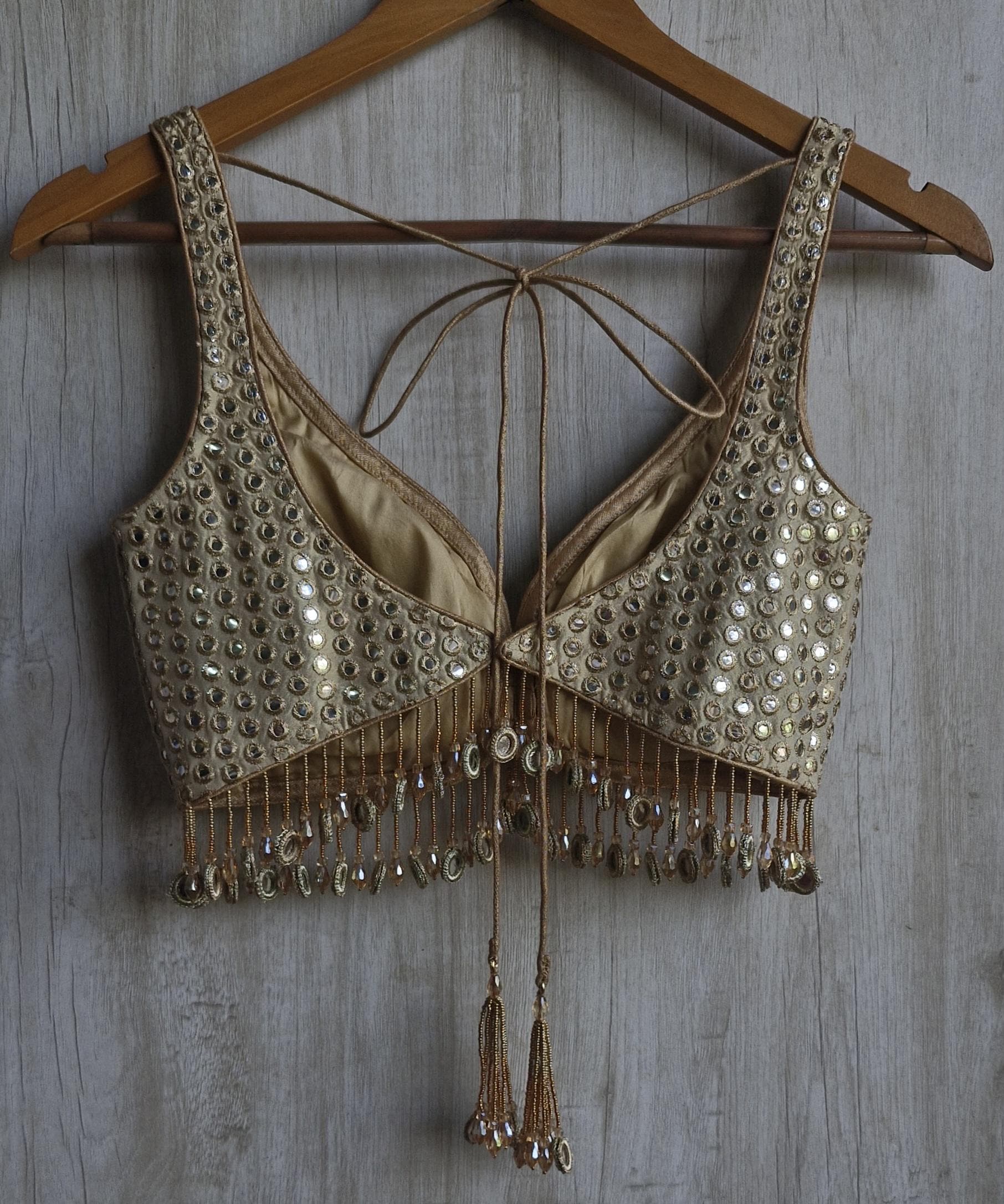 Champagne Gold Saree Blouse, Tissue Silk Sweetheart Neck, Mirror Fringes DVBL_479