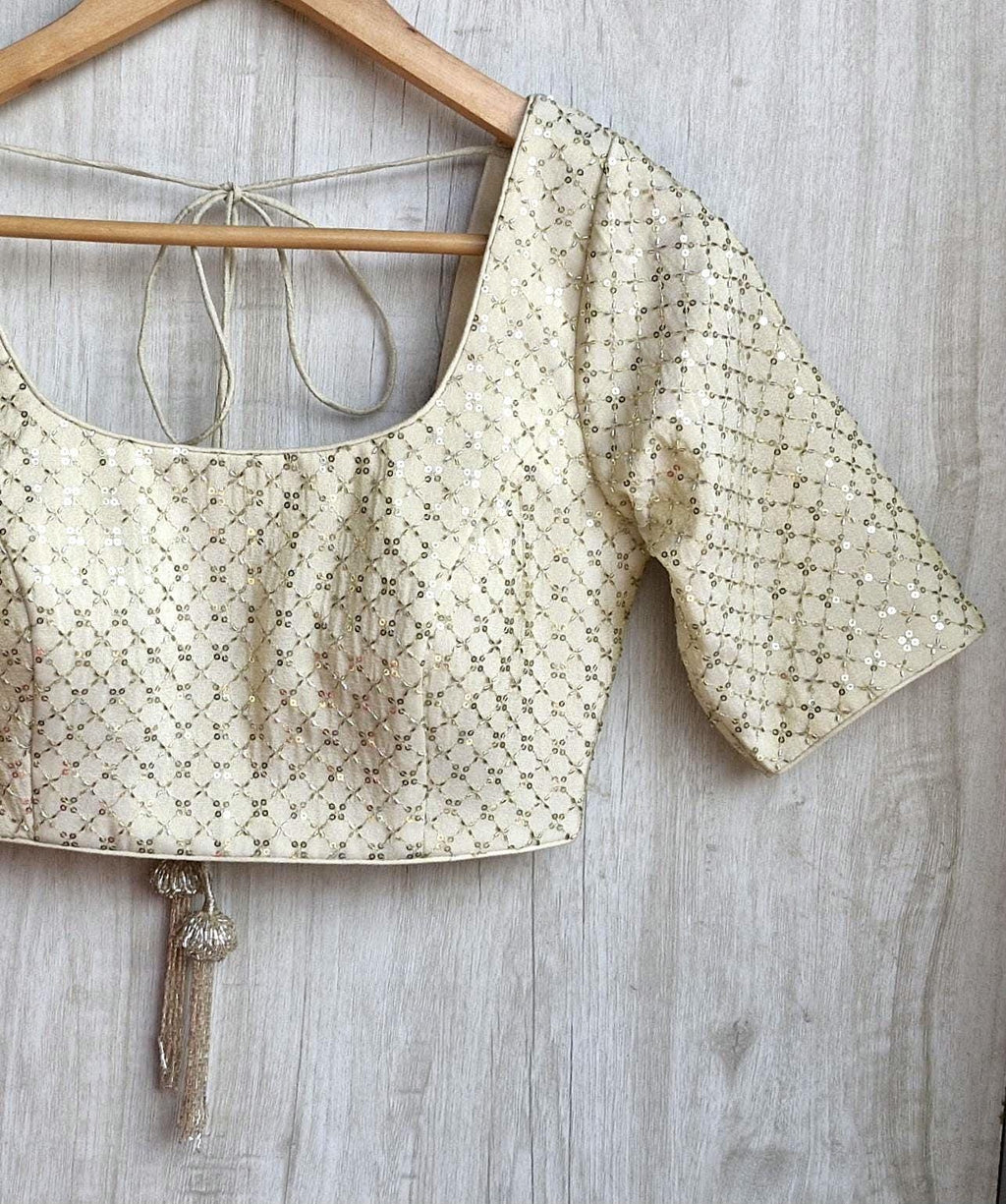 Embroidered Saree Blouse, Cream Gold Silk, Round Neck Elbow Sleeves DVBL_475