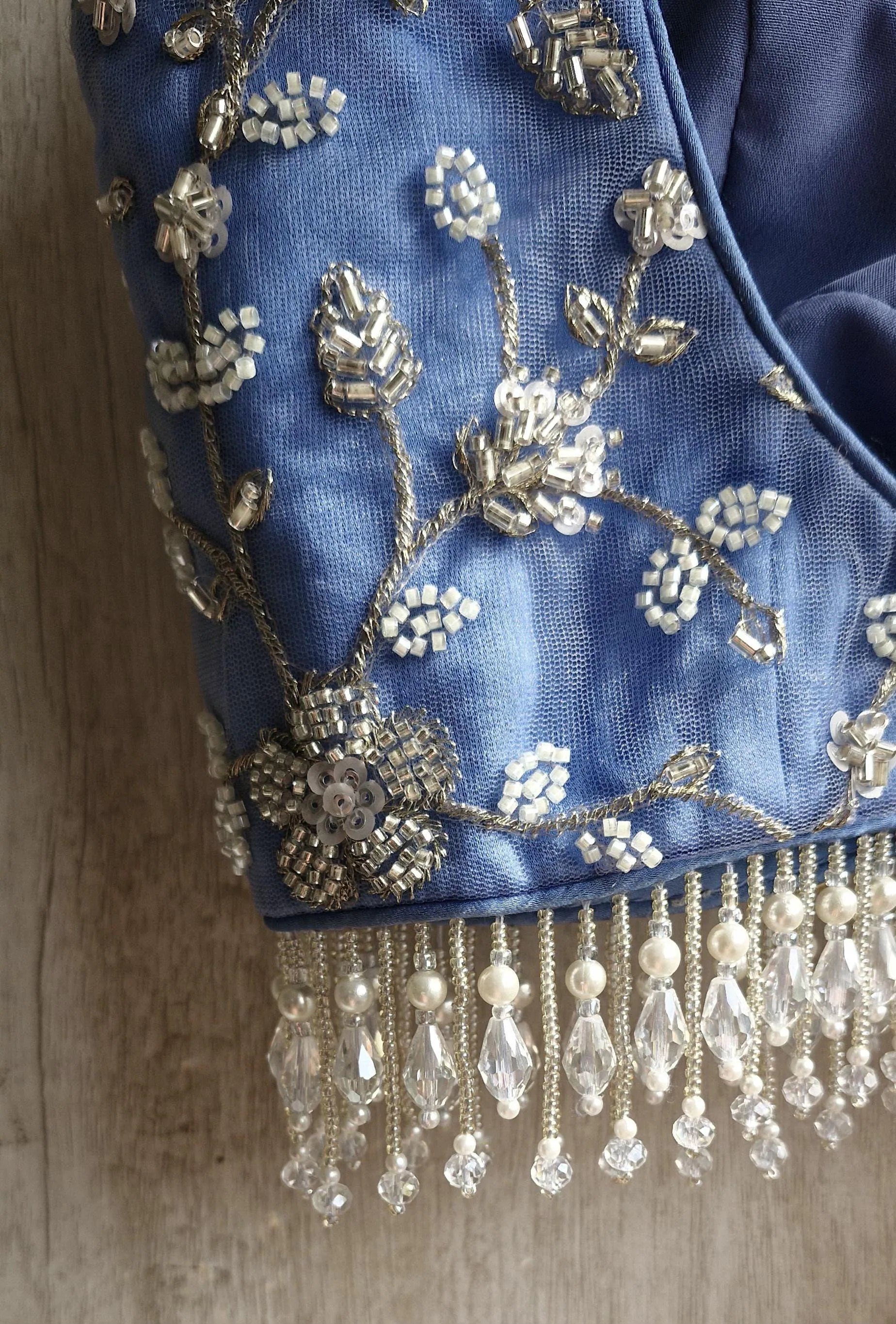 Embroidered Ice Blue Bejeweled Saree Blouse, Stones Embellished Bralette DVBL_524