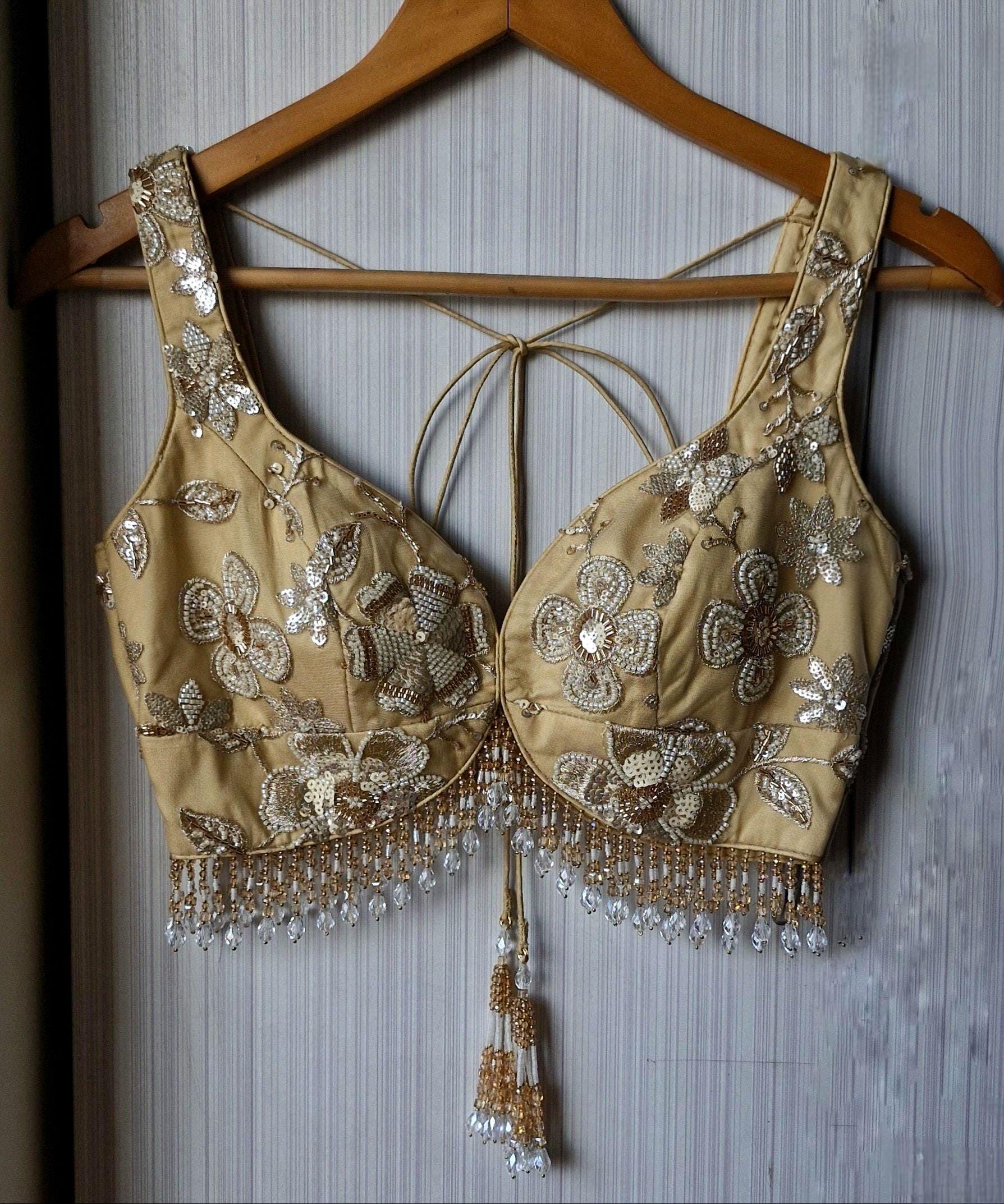 Golden Beige Saree Blouse, Embroidered Net Sweetheart Neck DVBL_476