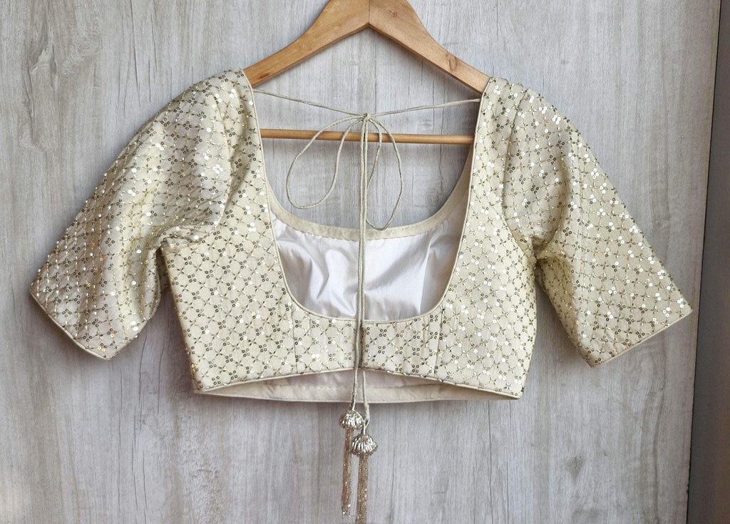 Embroidered Saree Blouse, Cream Gold Silk, Round Neck Elbow Sleeves DVBL_475