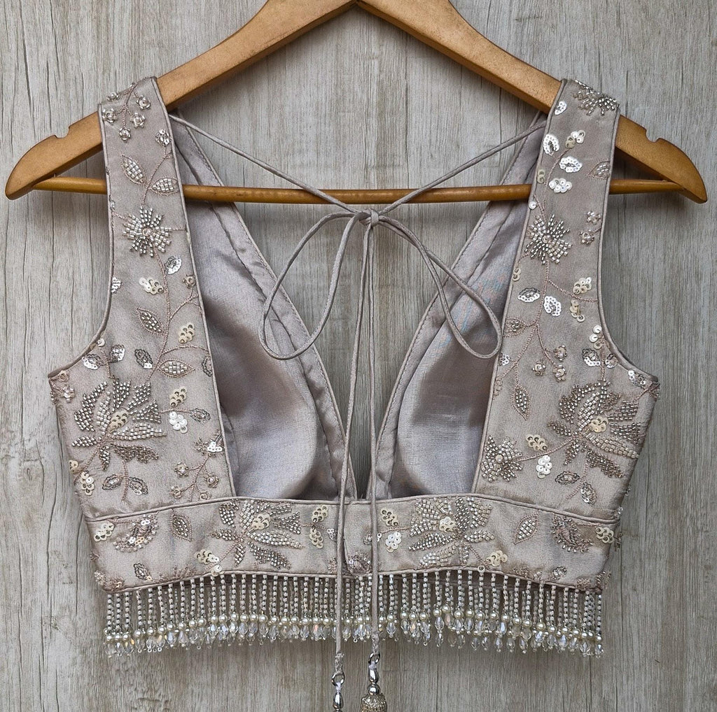Warm Silver Embroidered Tissue Silk Blouse DVBL_470