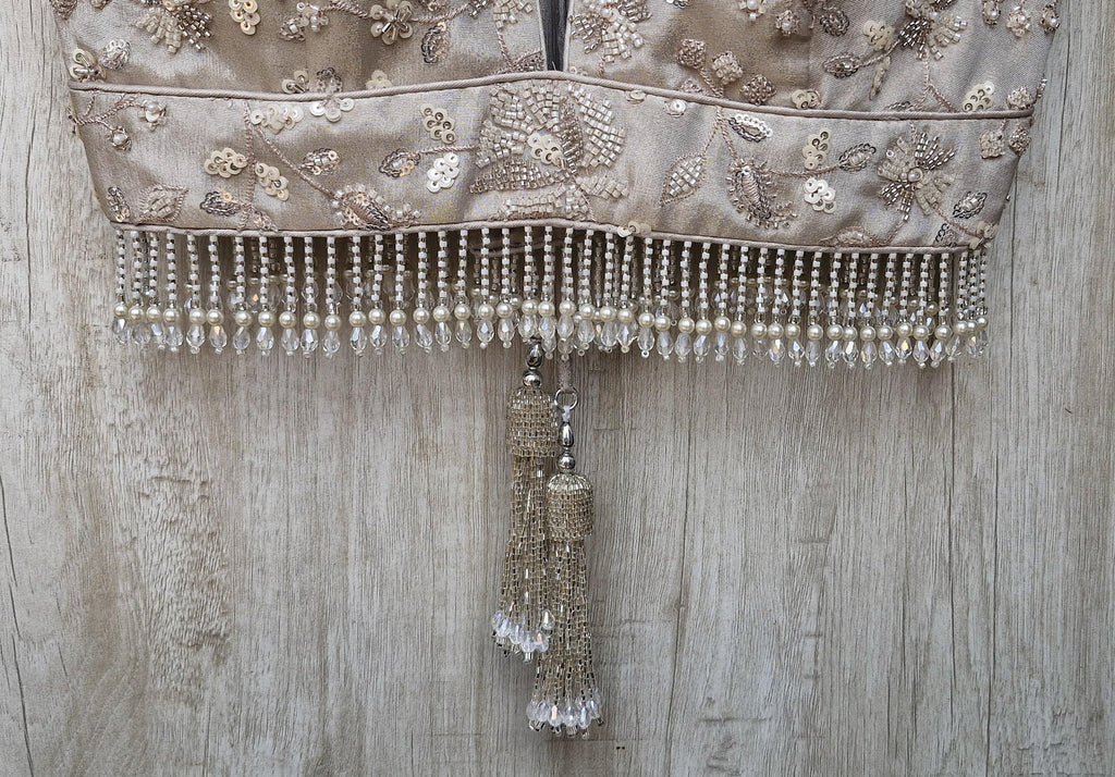Warm Silver Embroidered Tissue Silk Blouse DVBL_470
