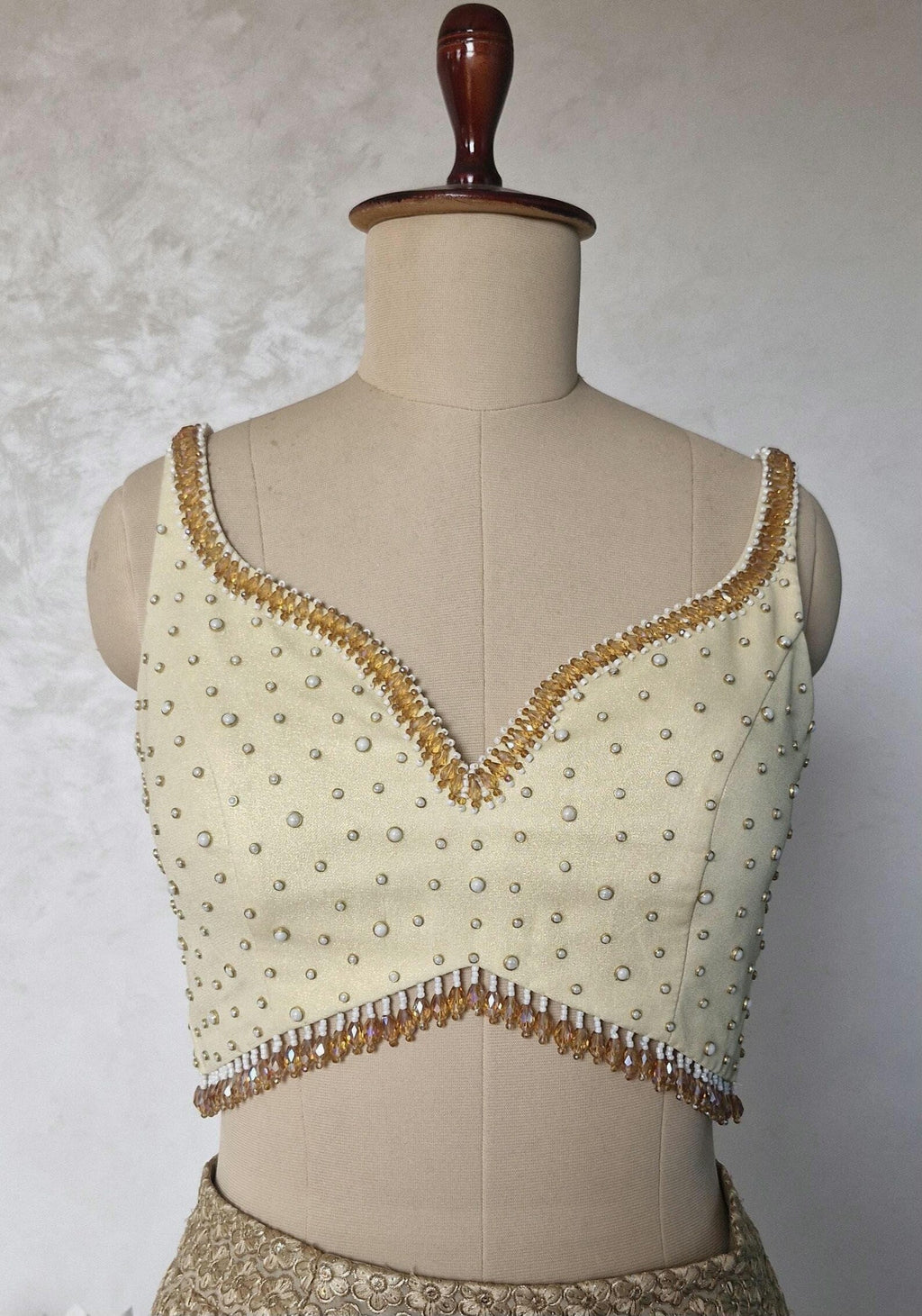 Hand Embroidered Cream Gold Wedding Sweetheart Neck DVBL_465