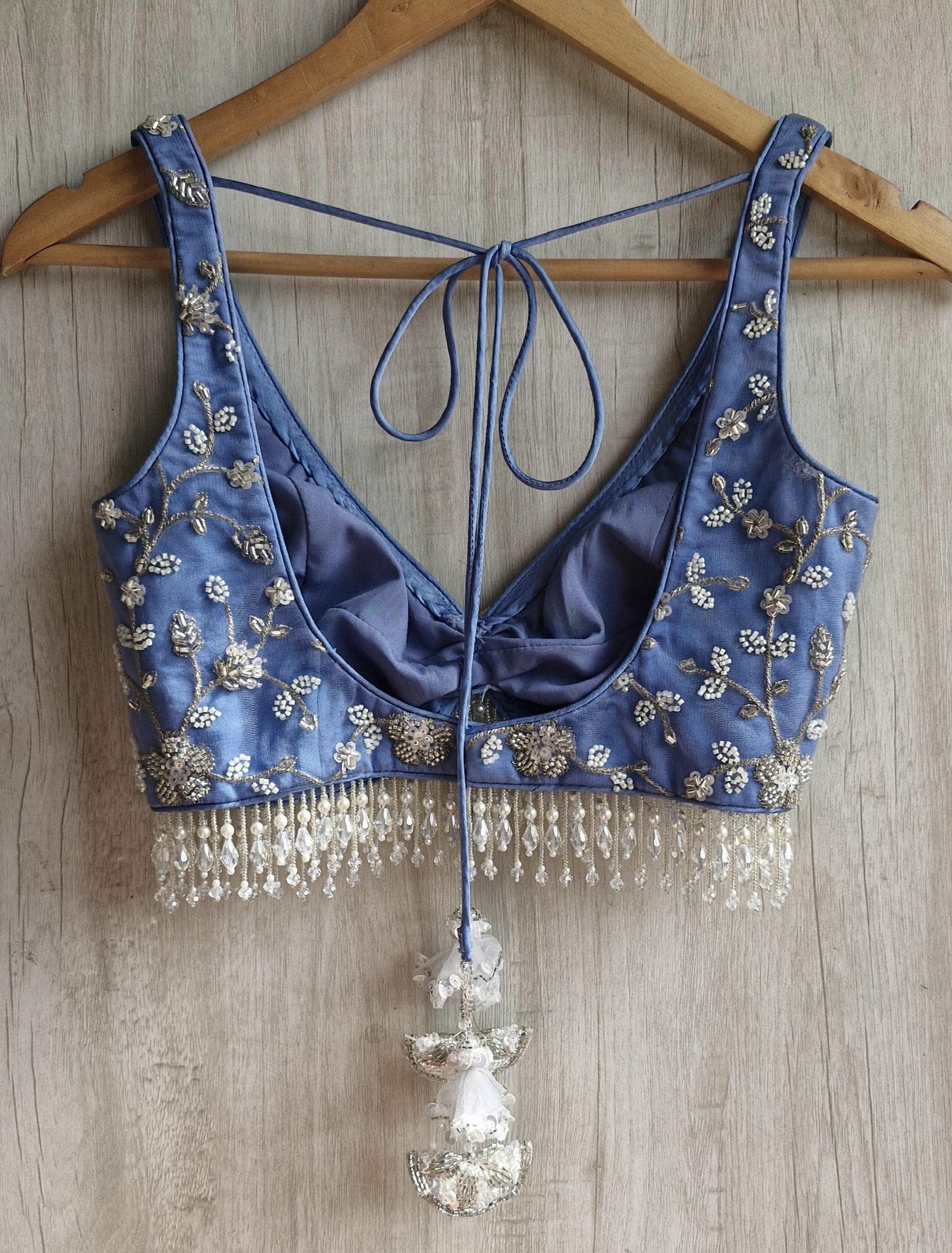 Embroidered Ice Blue Bejeweled Saree Blouse, Stones Embellished Bralette DVBL_524