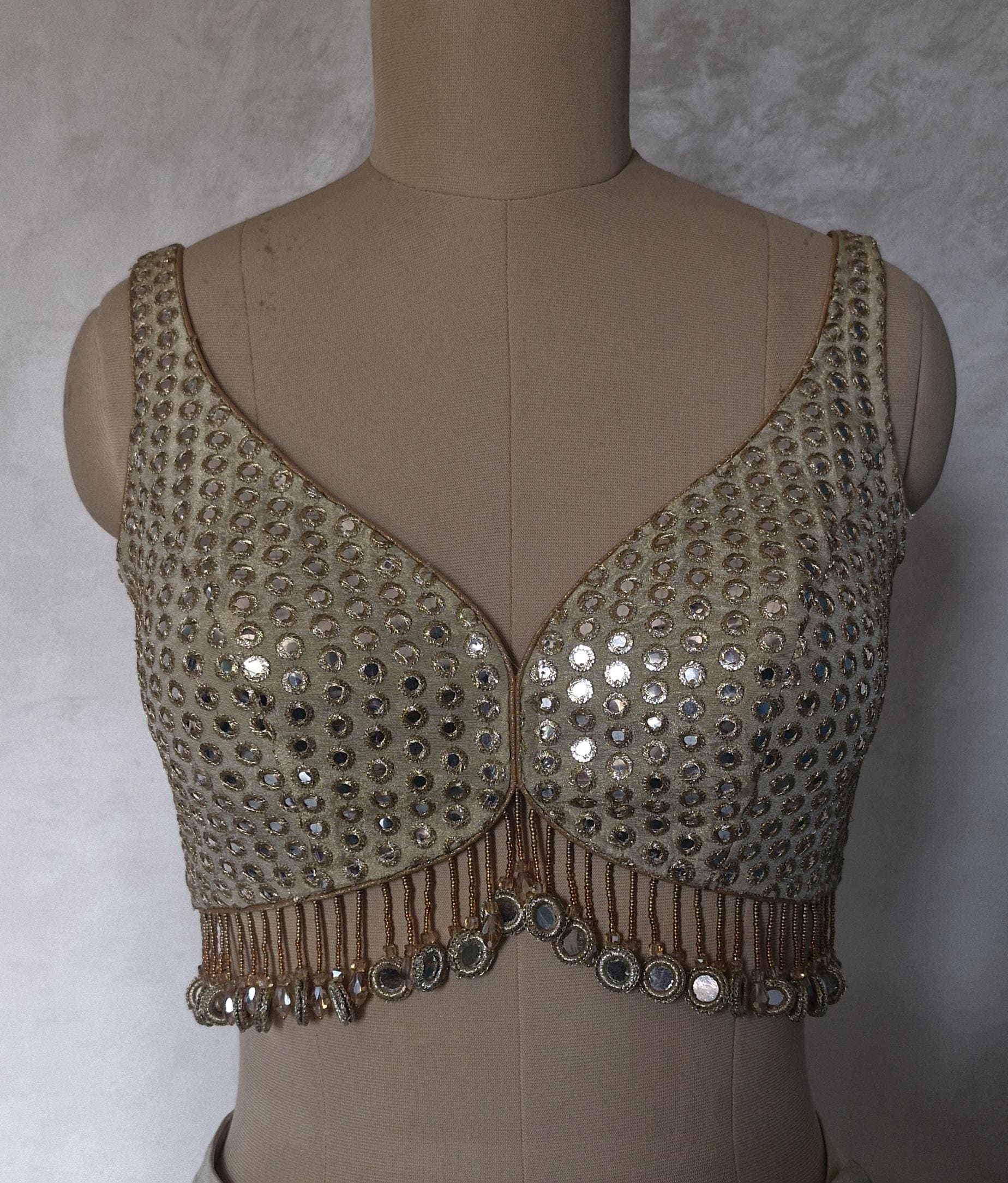Champagne Gold Saree Blouse, Tissue Silk Sweetheart Neck, Mirror Fringes DVBL_479