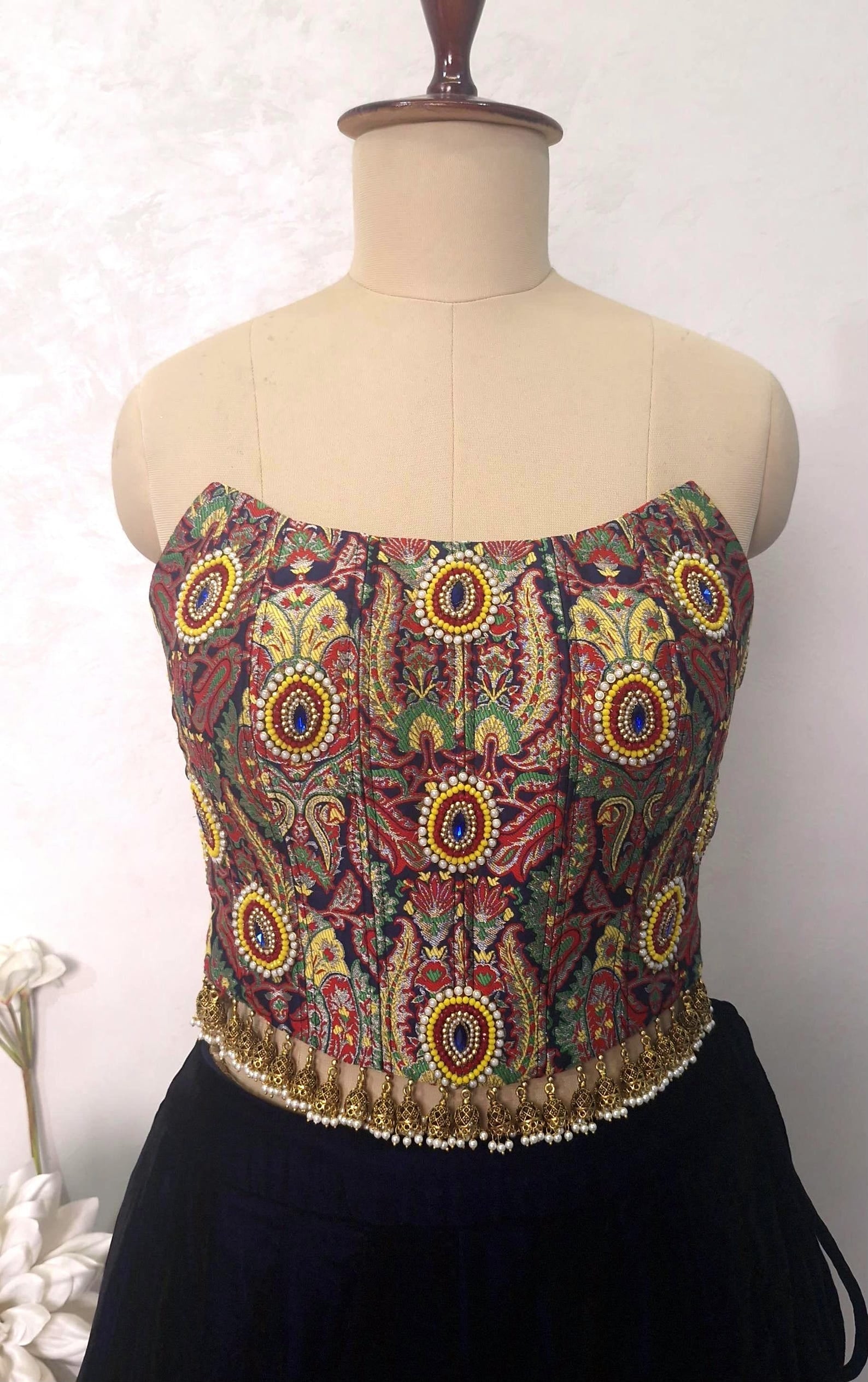 Corset Blouse Embroidered Multicolor Brocade Strapless DVCB_011