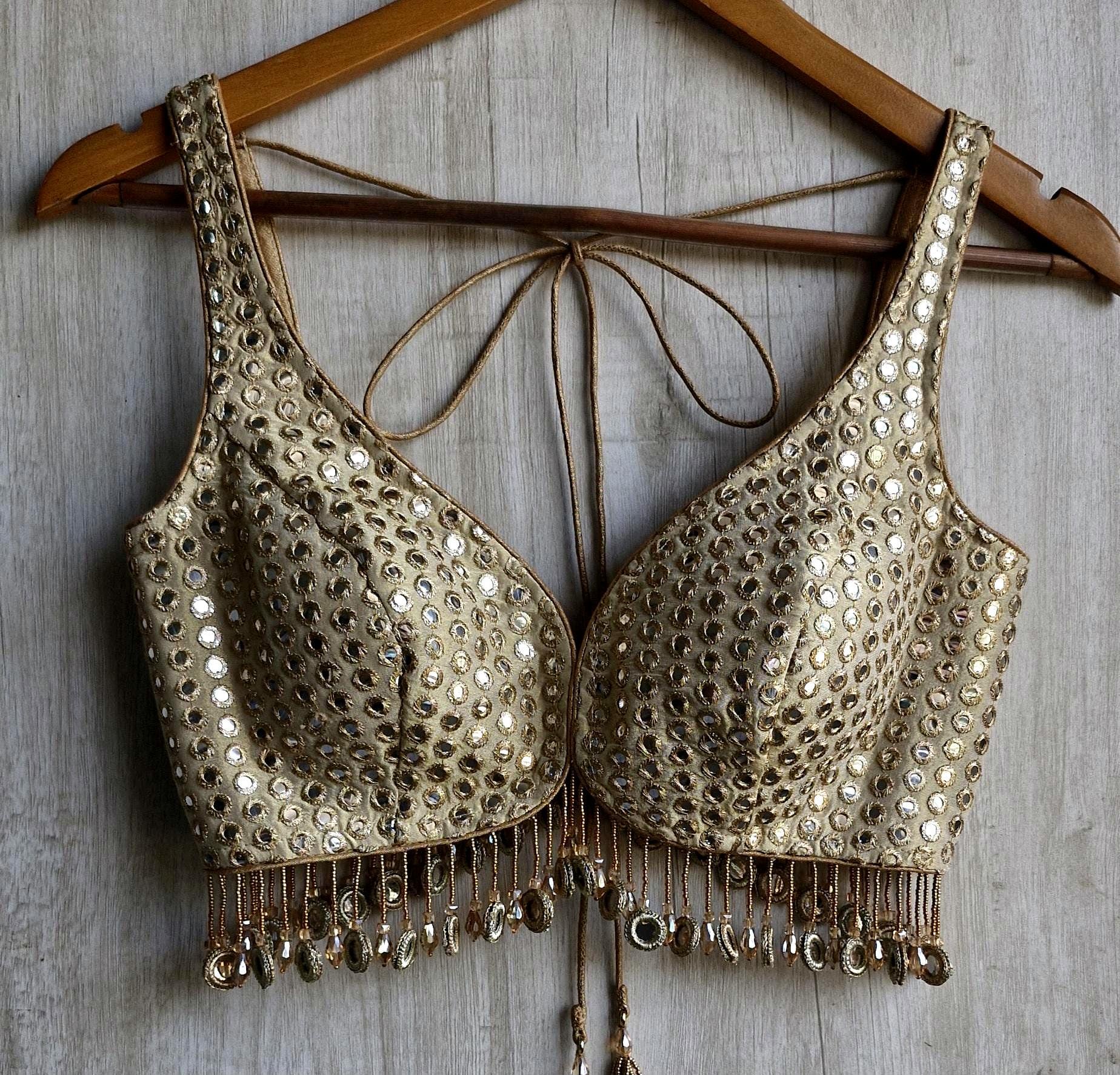 Champagne Gold Saree Blouse, Tissue Silk Sweetheart Neck, Mirror Fringes DVBL_479
