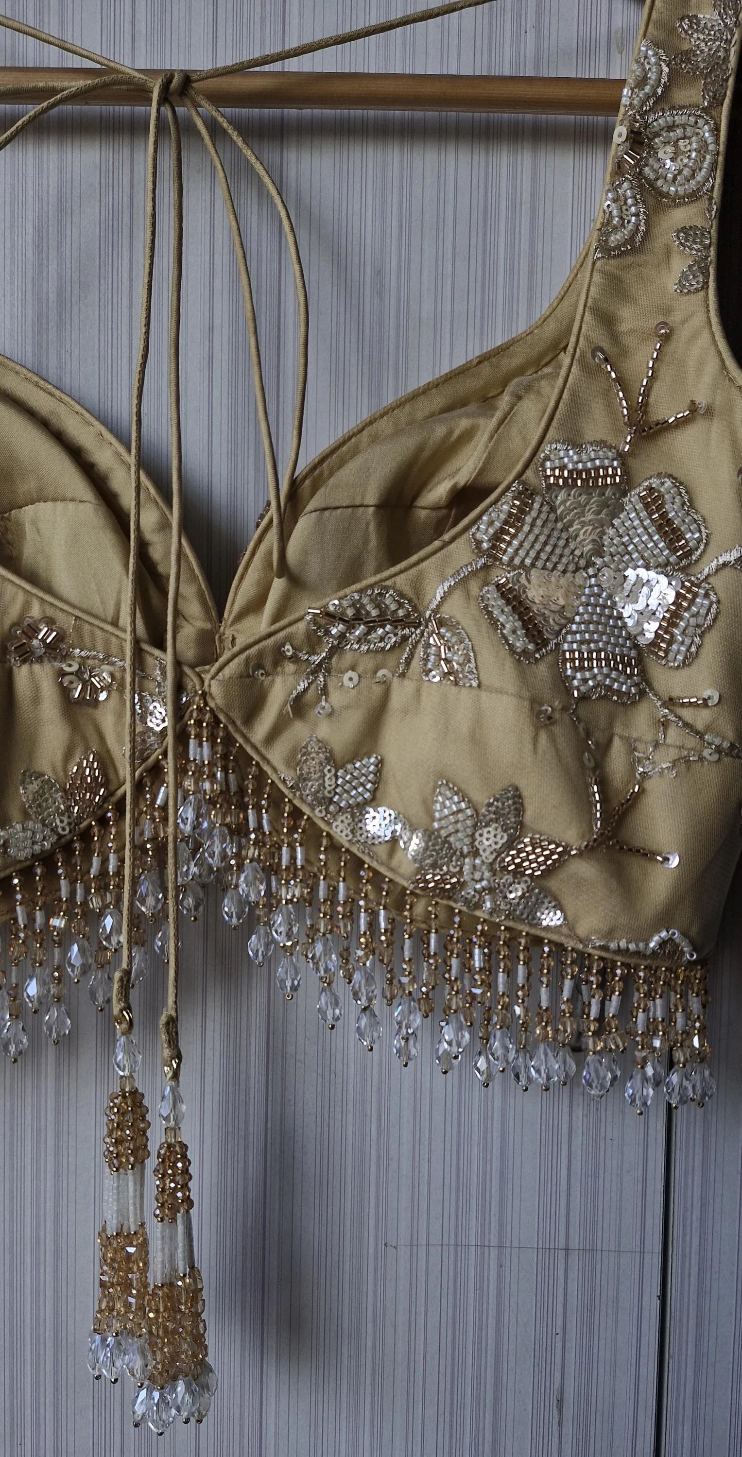 Golden Beige Saree Blouse, Embroidered Net Sweetheart Neck DVBL_476